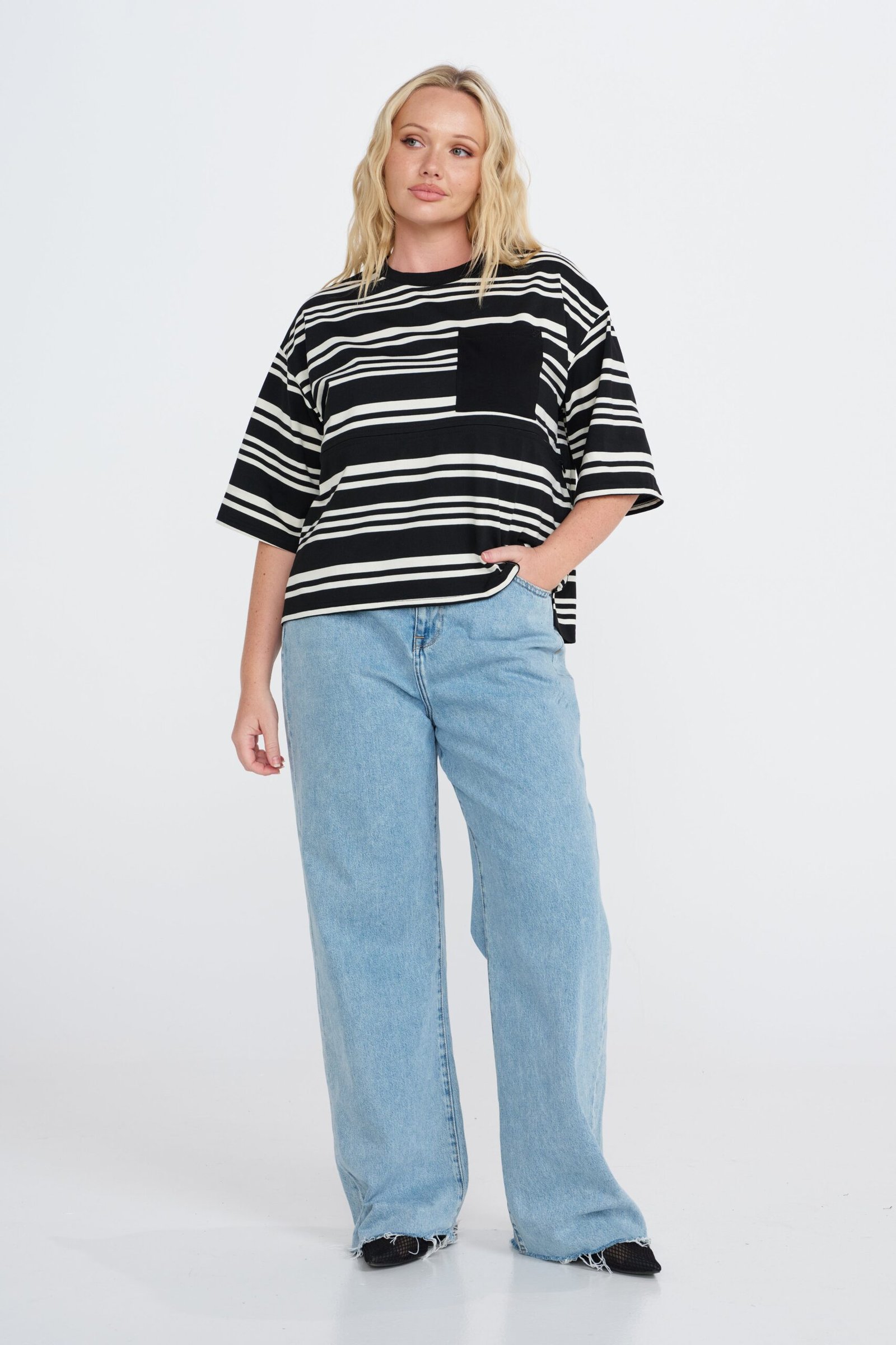 Brooklyn Stripe Slouchy Panel Tee - Black / White - Image 4