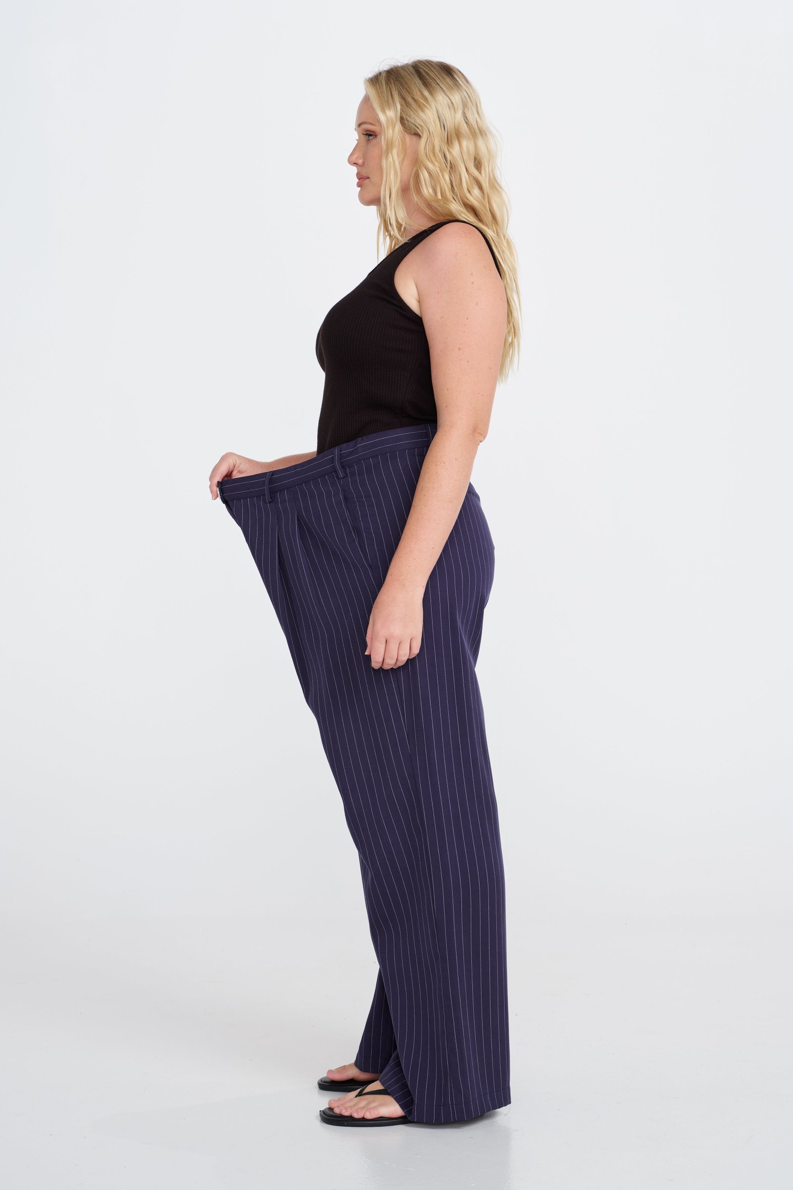 Bambi Pinstripe Adjustable Wide Leg Pant - Navy / White - Image 7