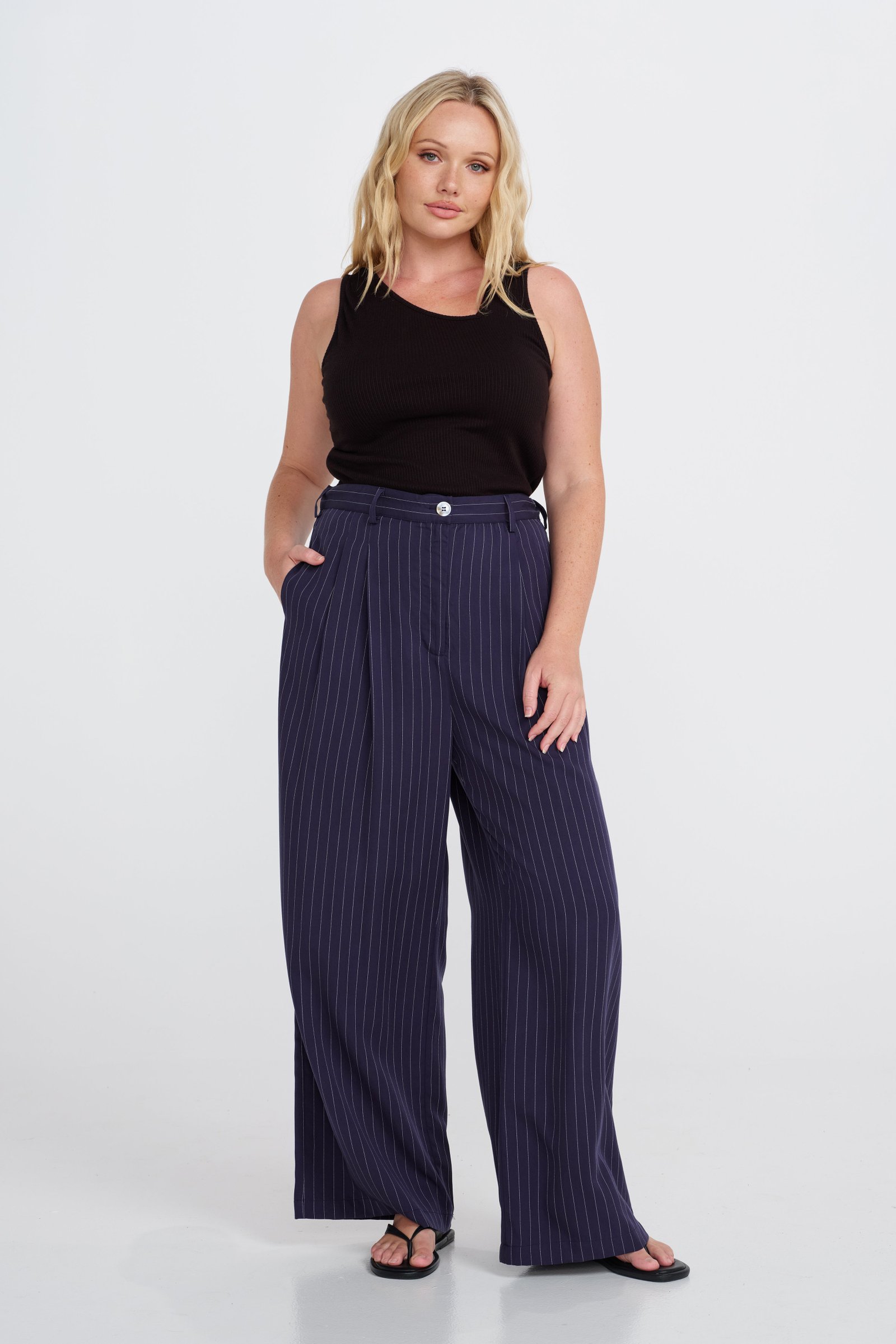 Bambi Pinstripe Adjustable Wide Leg Pant - Navy / White - Image 6