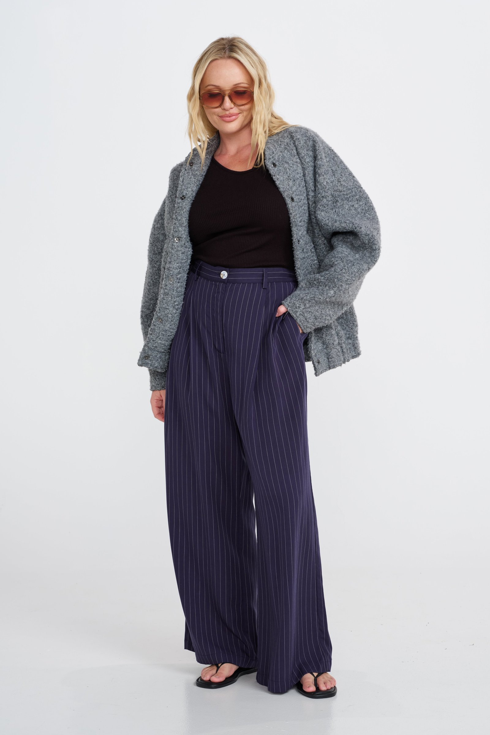 Bambi Pinstripe Adjustable Wide Leg Pant - Navy / White - Image 11