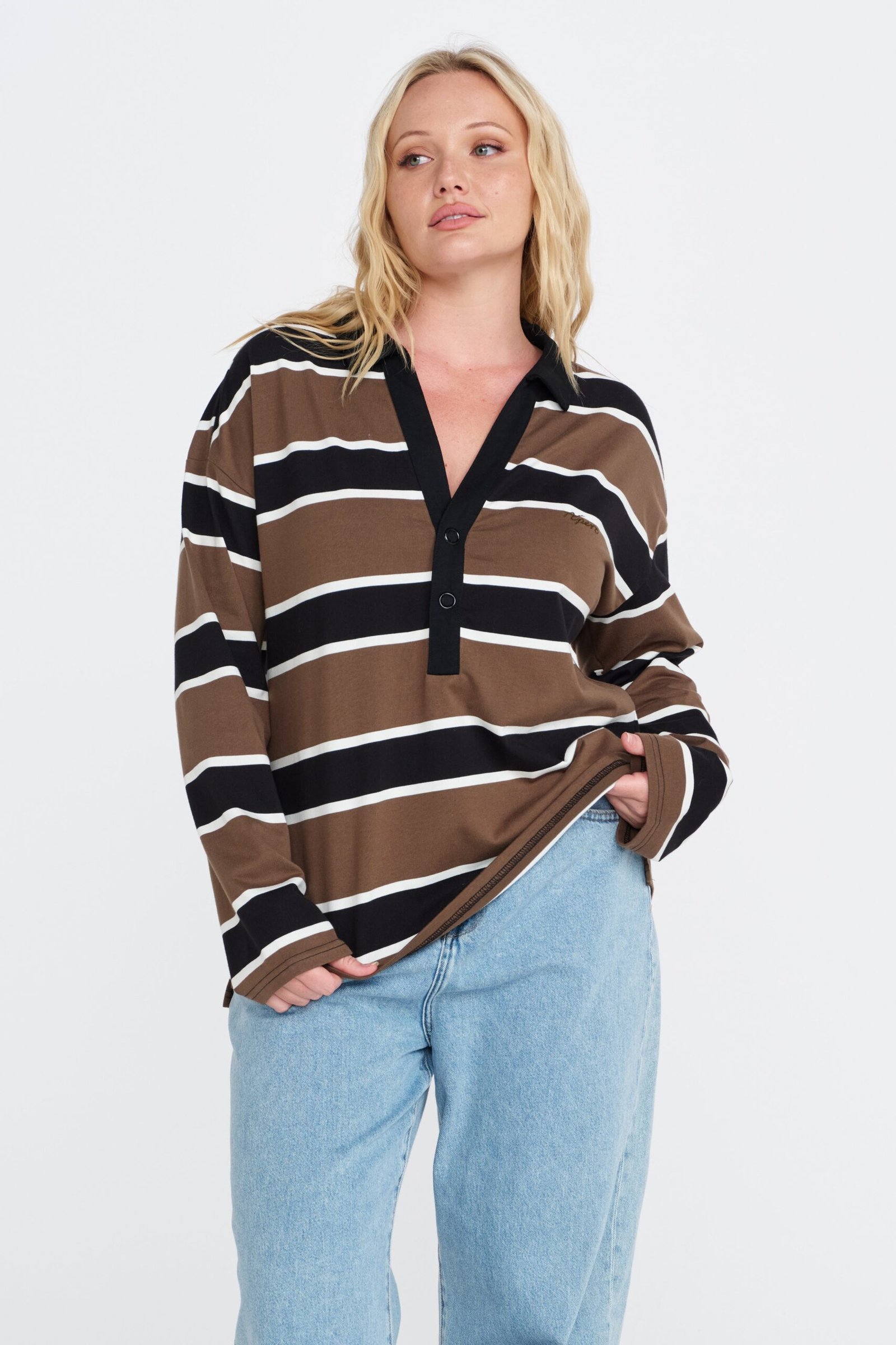 Boston Stripe Jersey Top - Khaki / Black / White - Image 7