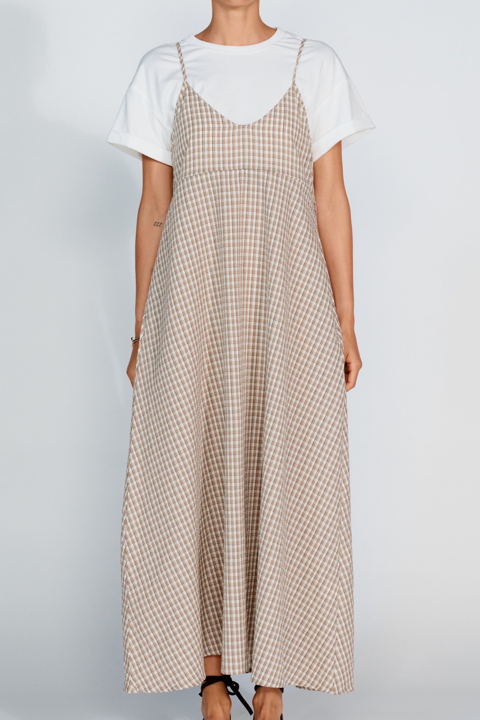 Olivia Layered Two-Piece Babydoll Dress - White / Beige Plaid - Image 6