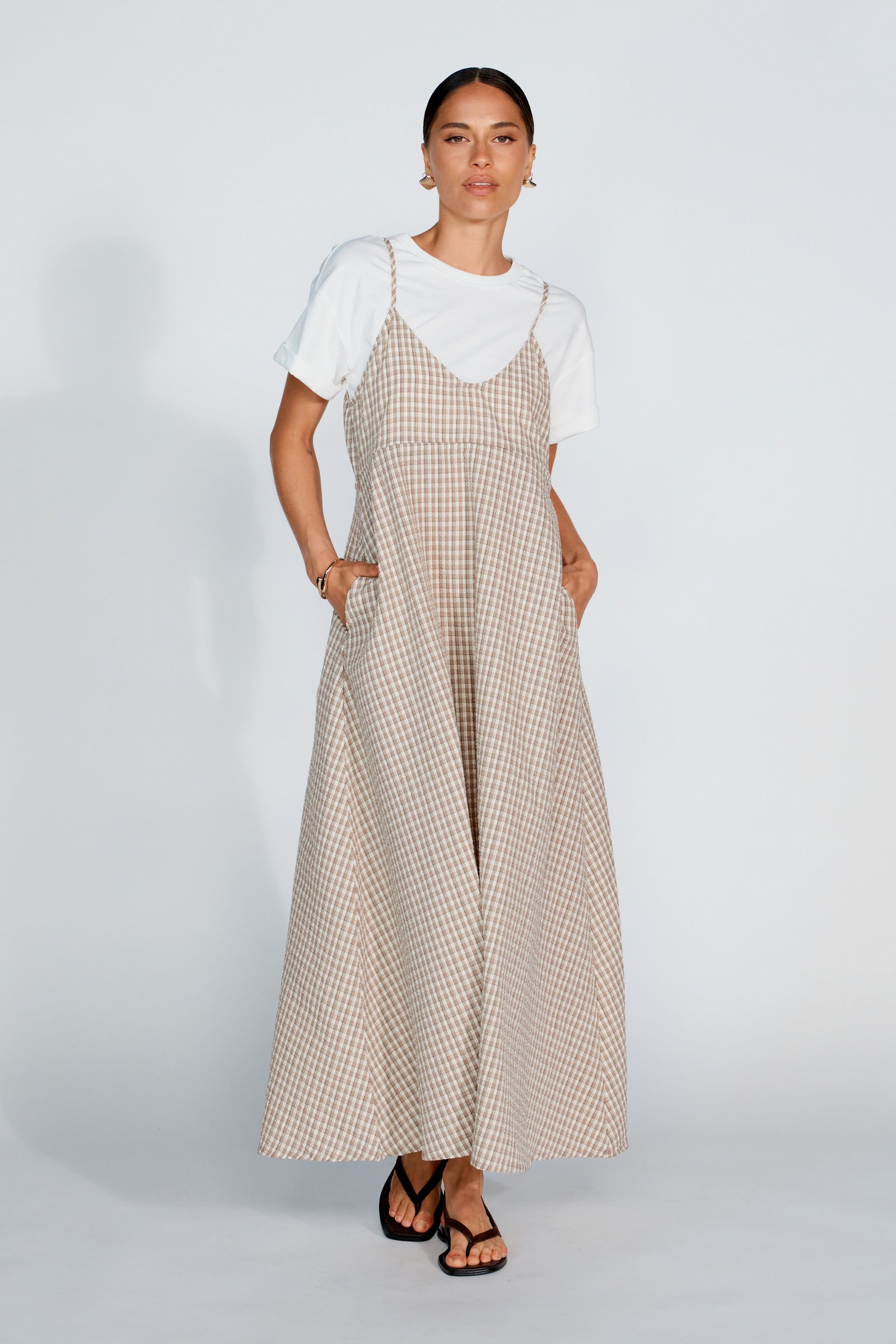 Olivia Layered Two-Piece Babydoll Dress - White / Beige Plaid