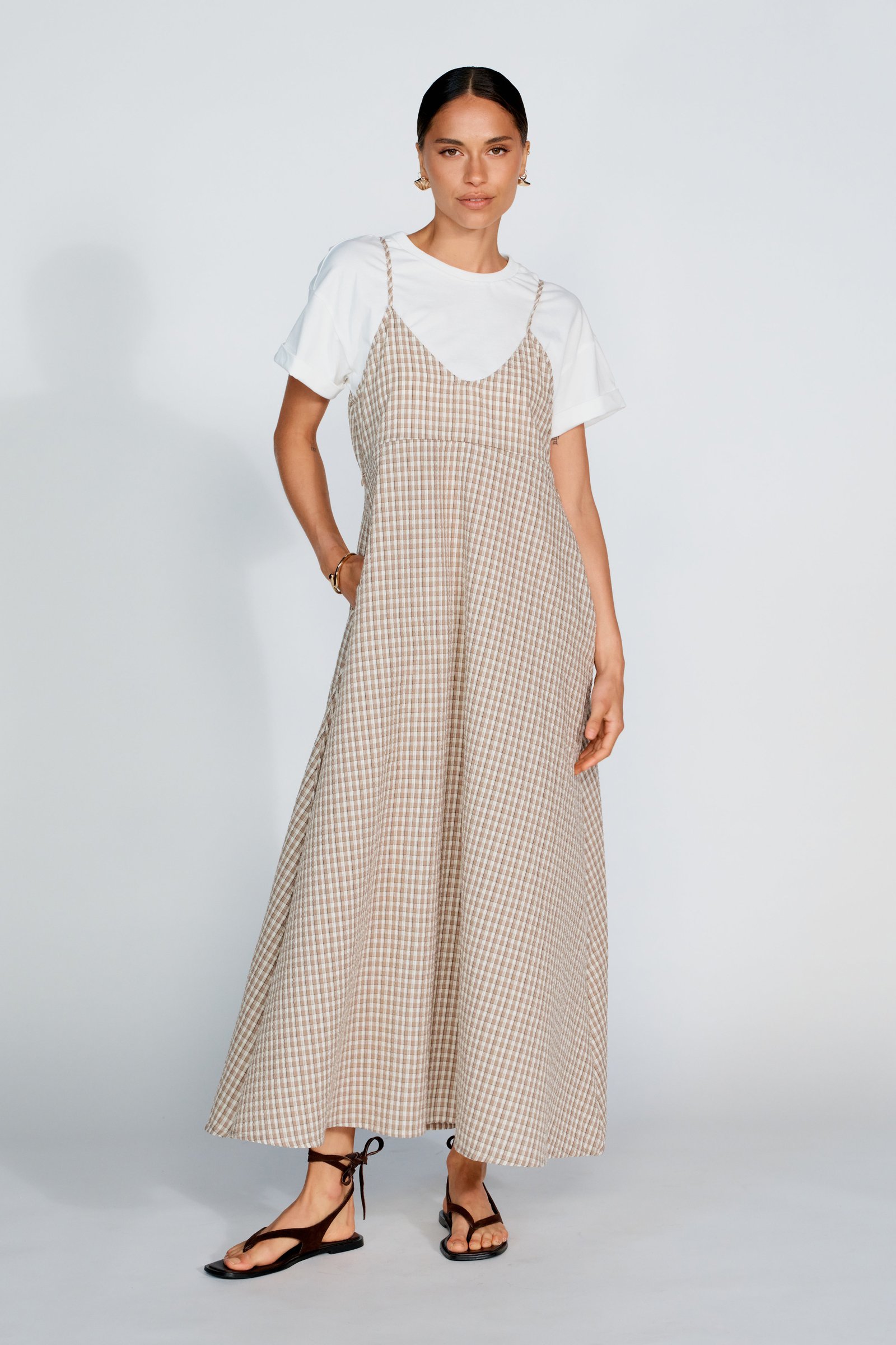 Olivia Layered Two-Piece Babydoll Dress - White / Beige Plaid - Image 7