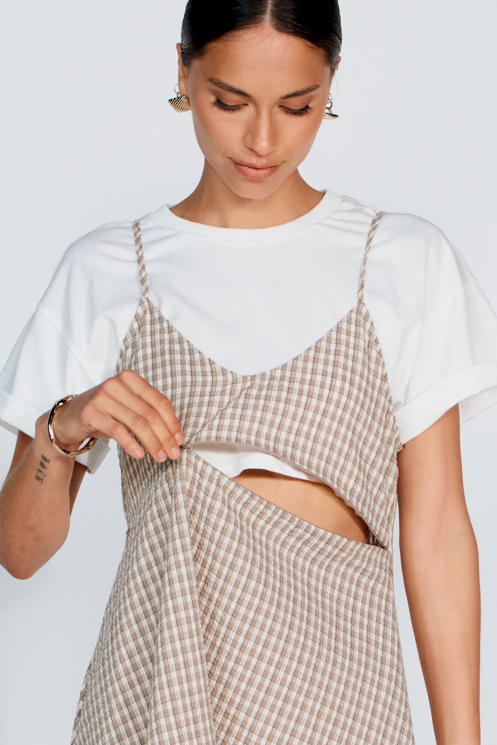 Olivia Layered Two-Piece Babydoll Dress - White / Beige Plaid - Image 2