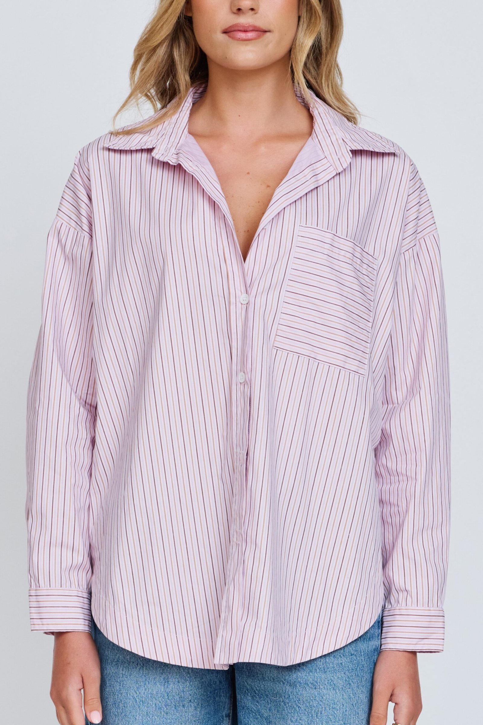 Morgan Stripe Wrap Button-Down Shirt - Pink Multi - Image 3