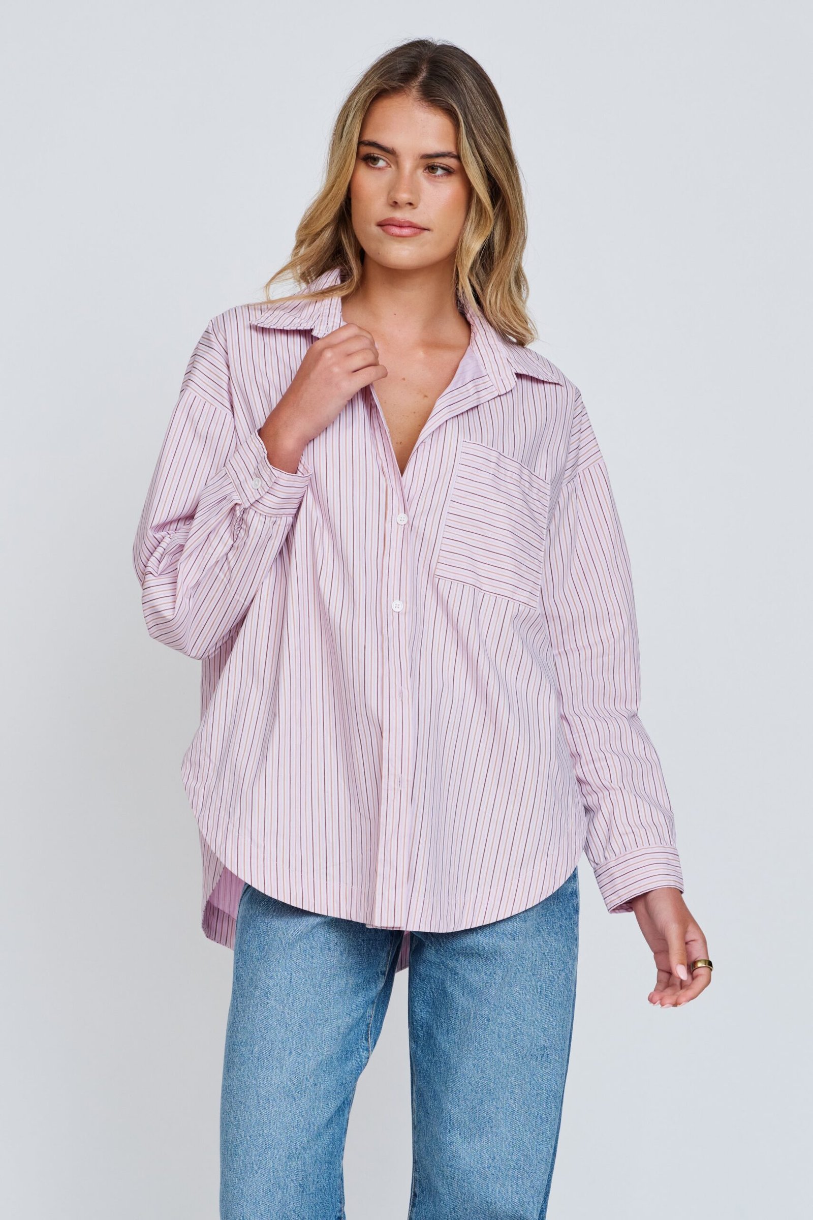 Morgan Stripe Wrap Button-Down Shirt - Pink Multi - Image 6