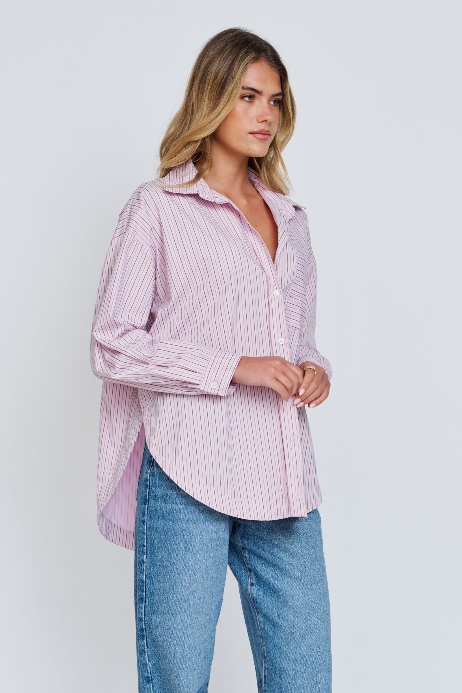 Morgan Stripe Wrap Button-Down Shirt - Pink Multi - Image 8
