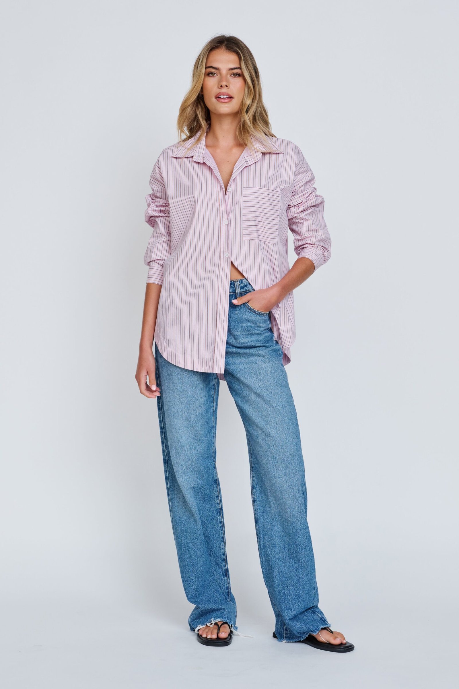 Morgan Stripe Wrap Button-Down Shirt - Pink Multi