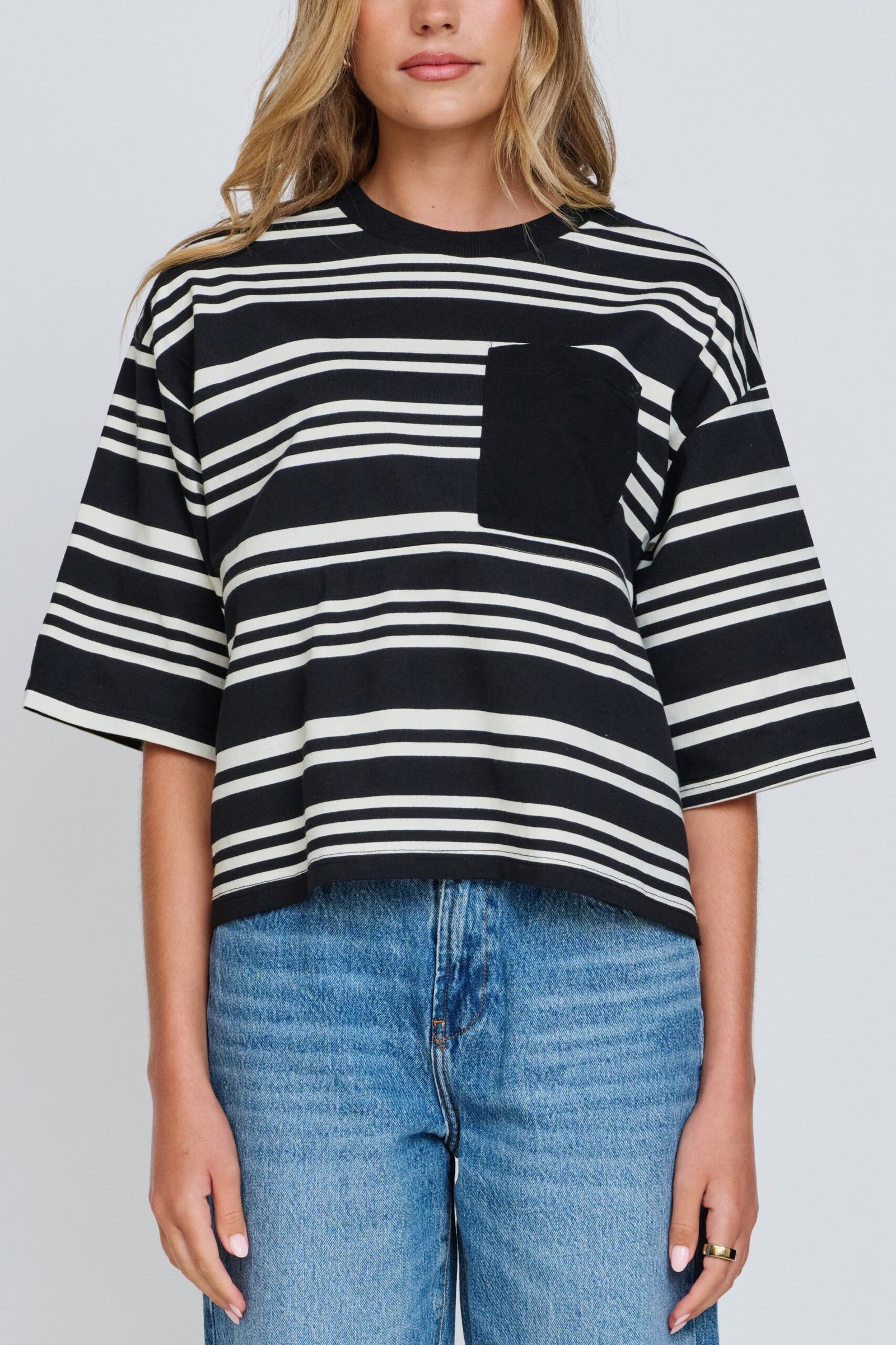 Brooklyn Stripe Slouchy Panel Tee - Black / White - Image 3