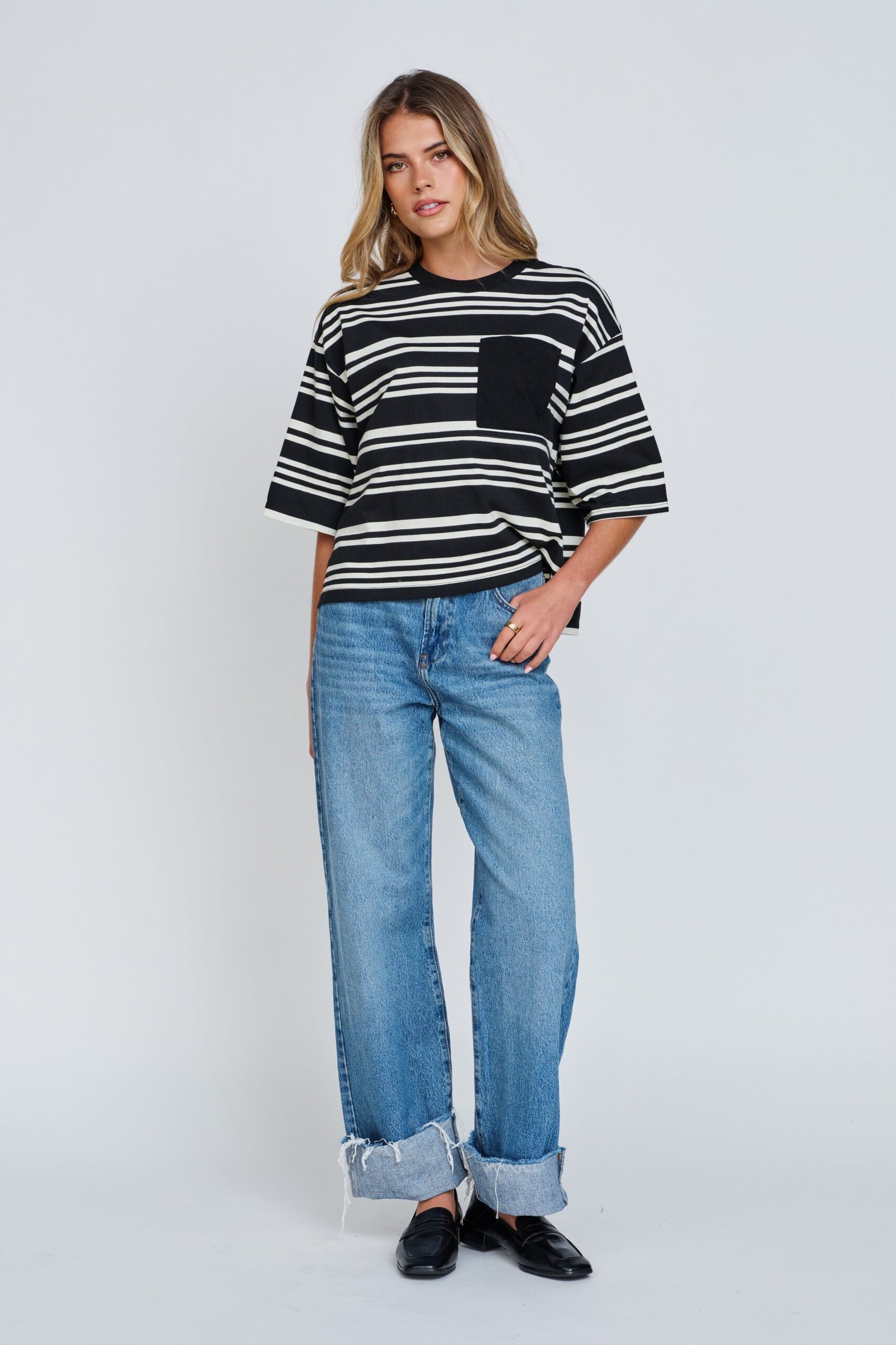 Brooklyn Stripe Slouchy Panel Tee - Black / White - Image 6