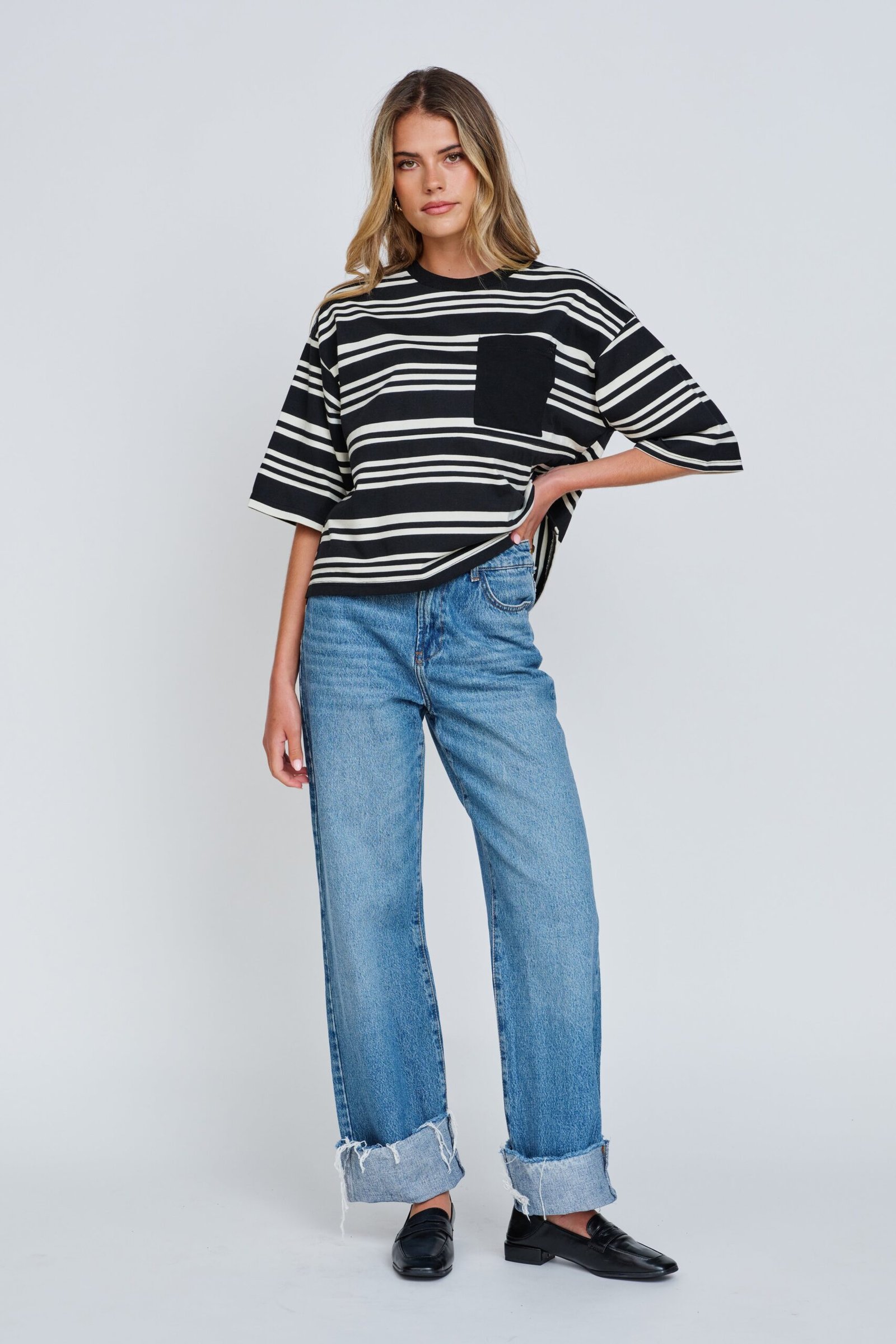 Brooklyn Stripe Slouchy Panel Tee - Black / White