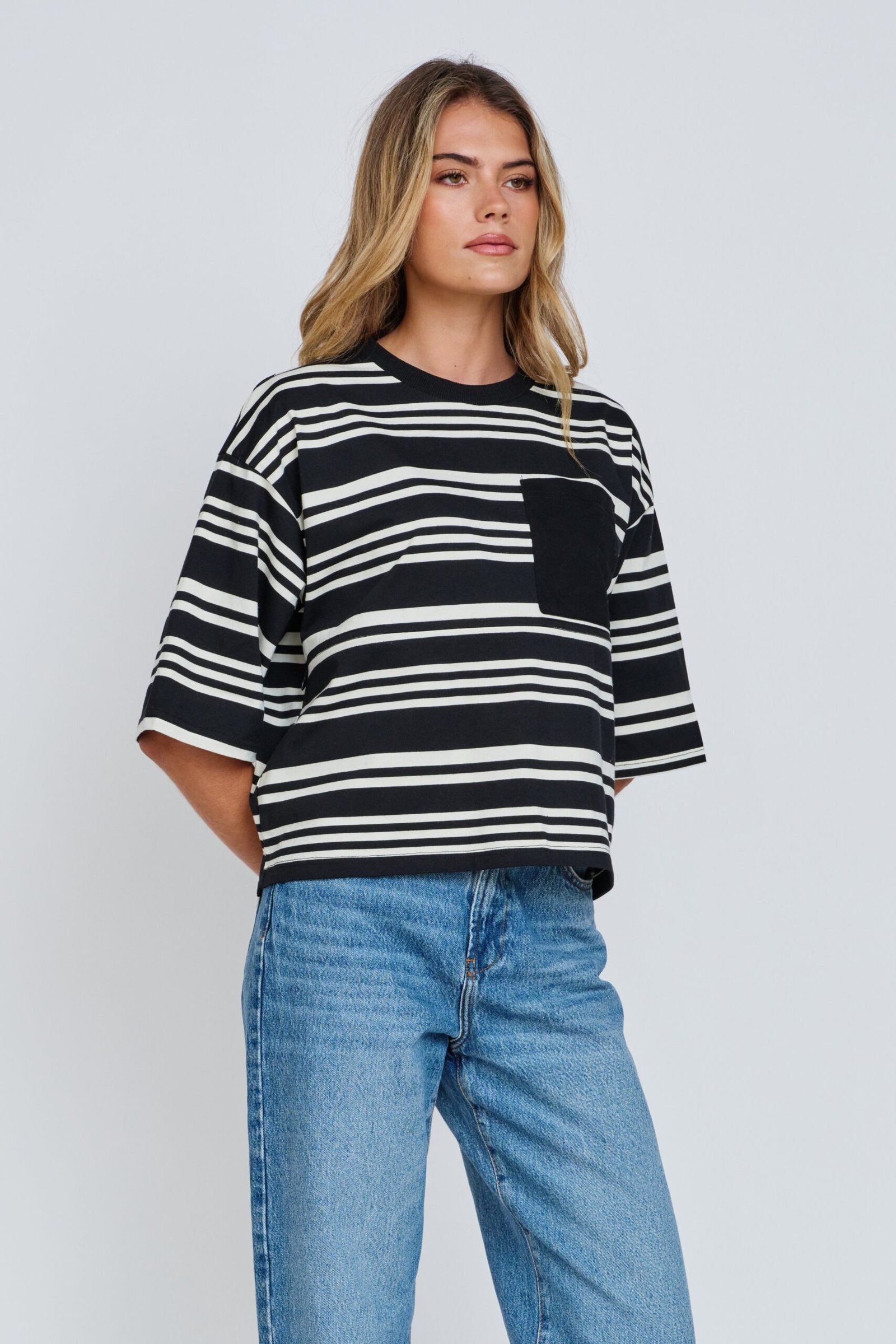 Brooklyn Stripe Slouchy Panel Tee - Black / White - Image 7