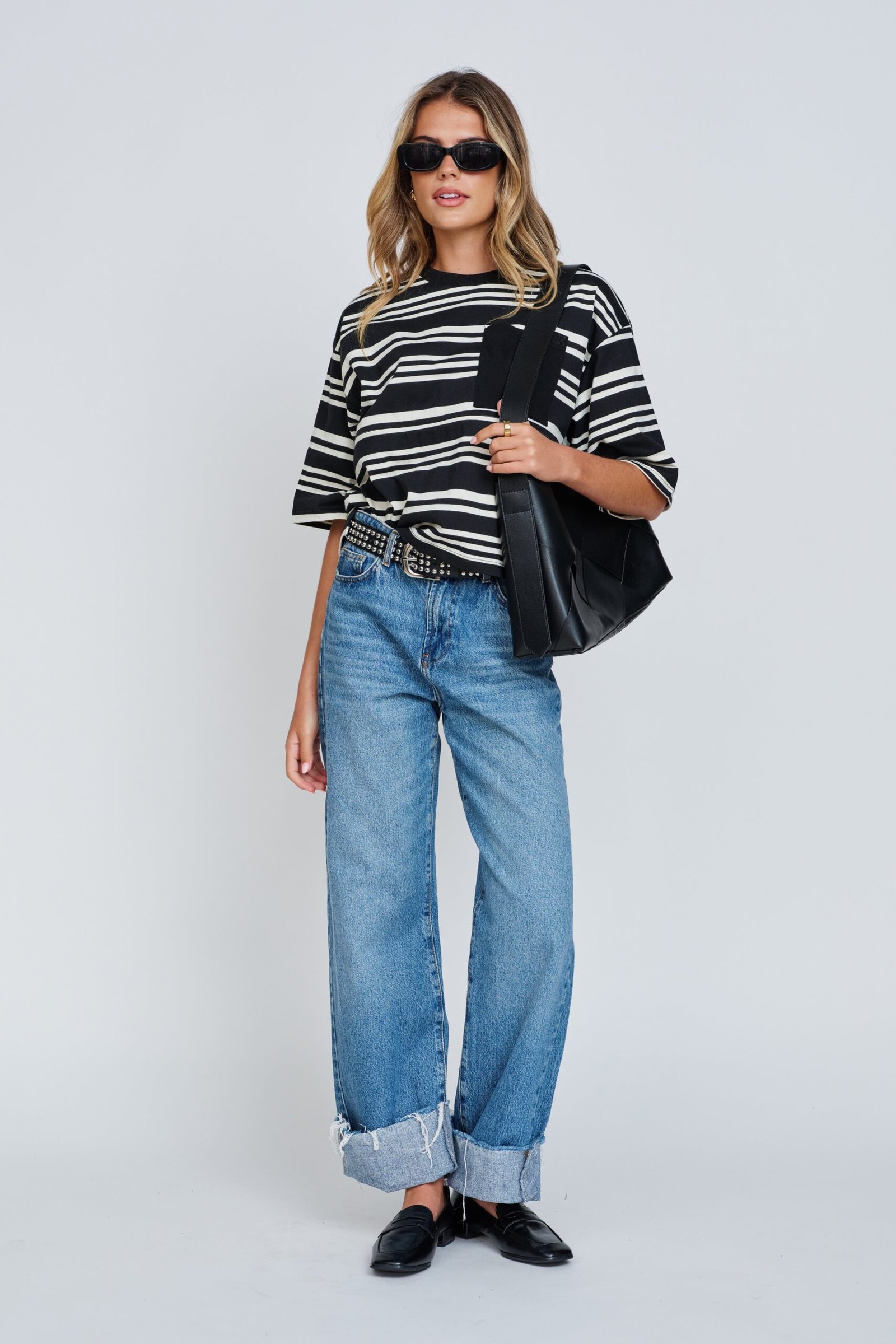 Brooklyn Stripe Slouchy Panel Tee - Black / White - Image 10