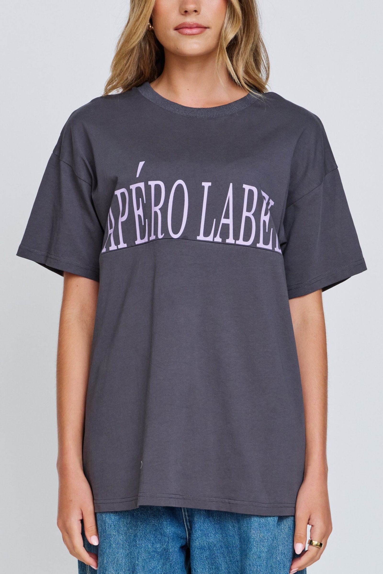 Bold Printed Longline Tee - Charcoal / Lilac - Image 3