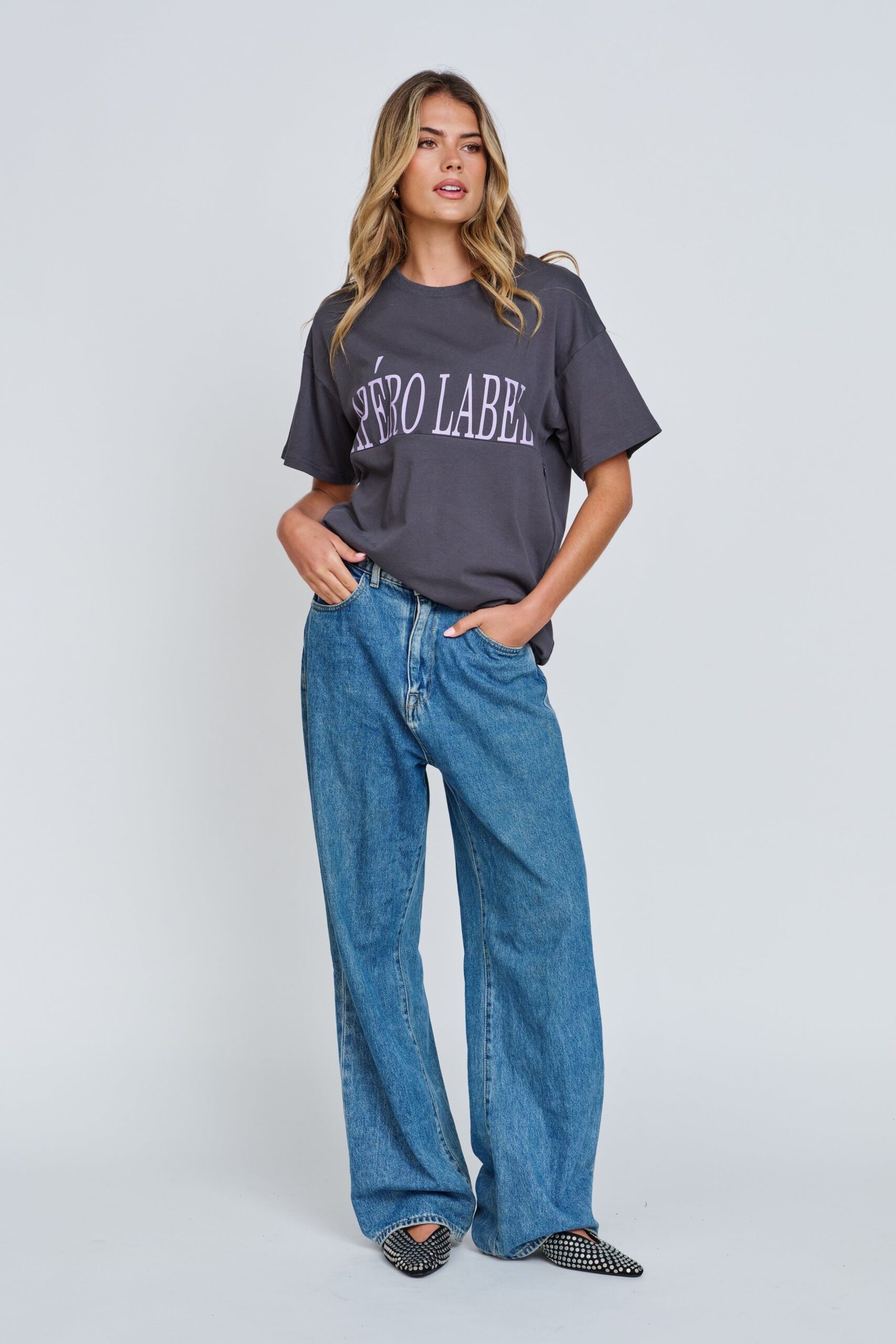 Bold Printed Longline Tee - Charcoal / Lilac