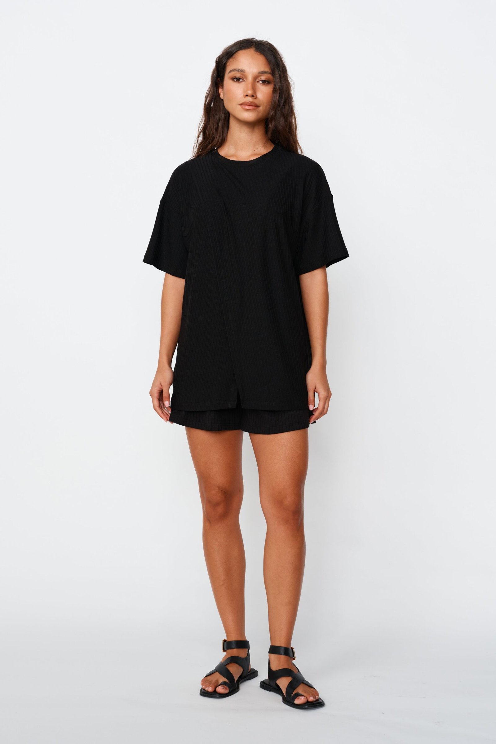 Ivy Ribbed Longline Wrap Tee - Black - Image 8