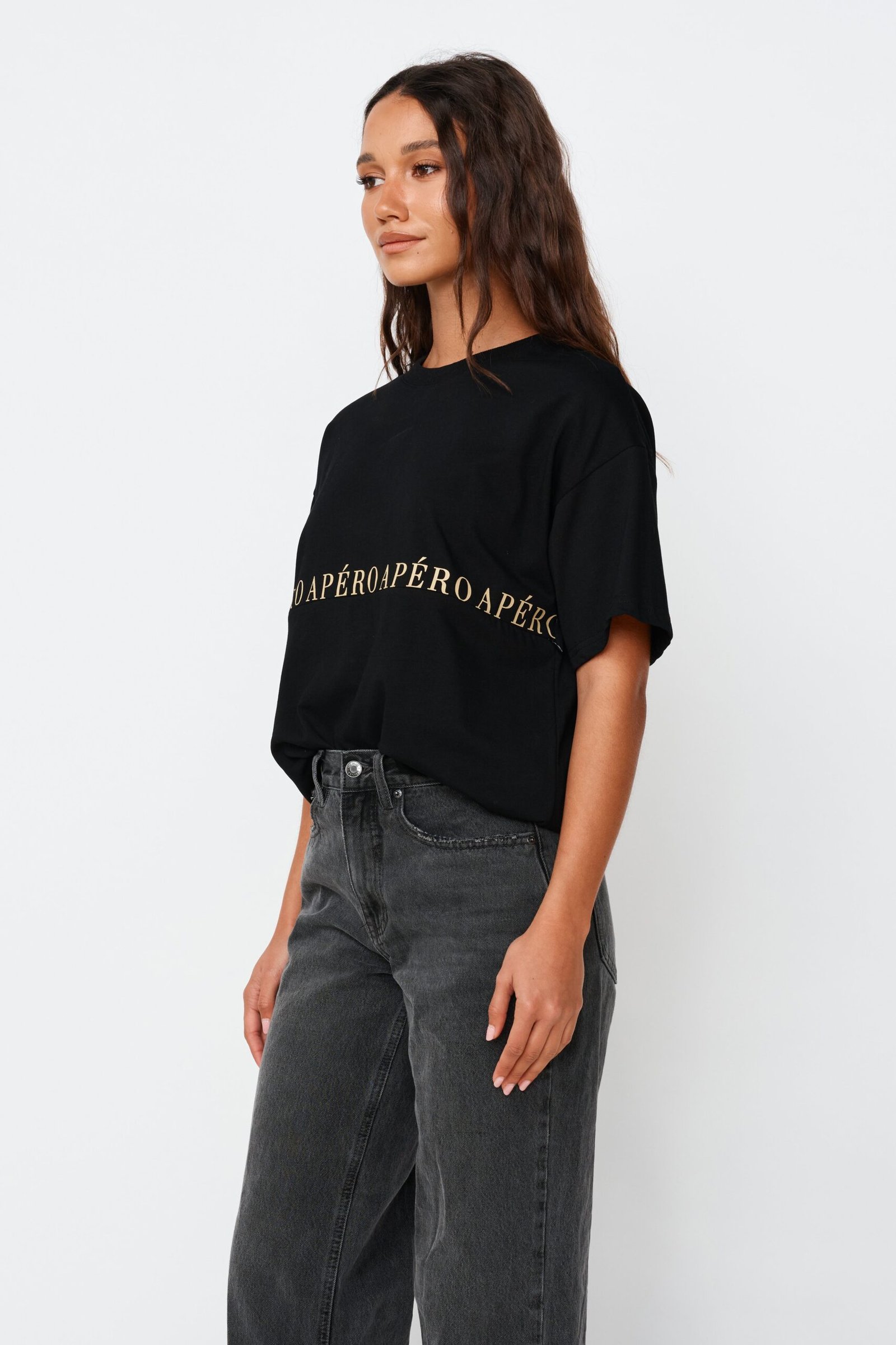 Studio Printed Longline Tee - Black / Beige - Image 6