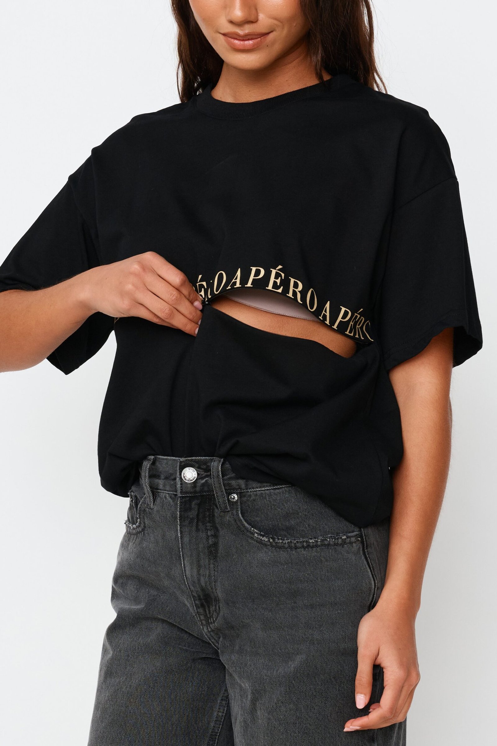 Studio Printed Longline Tee - Black / Beige - Image 2