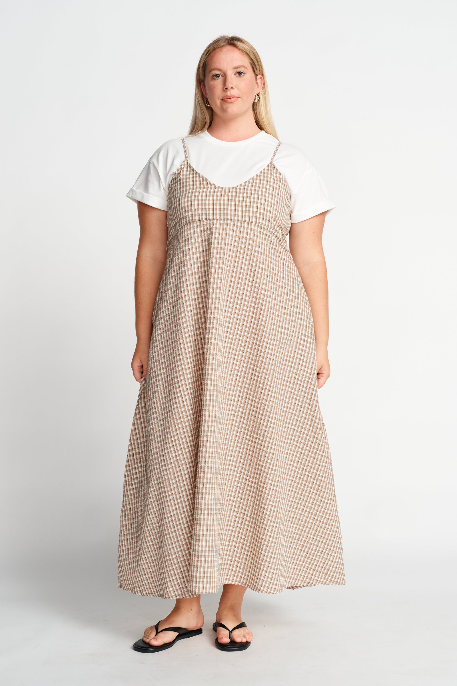 Olivia Layered Two-Piece Babydoll Dress - White / Beige Plaid - Image 8