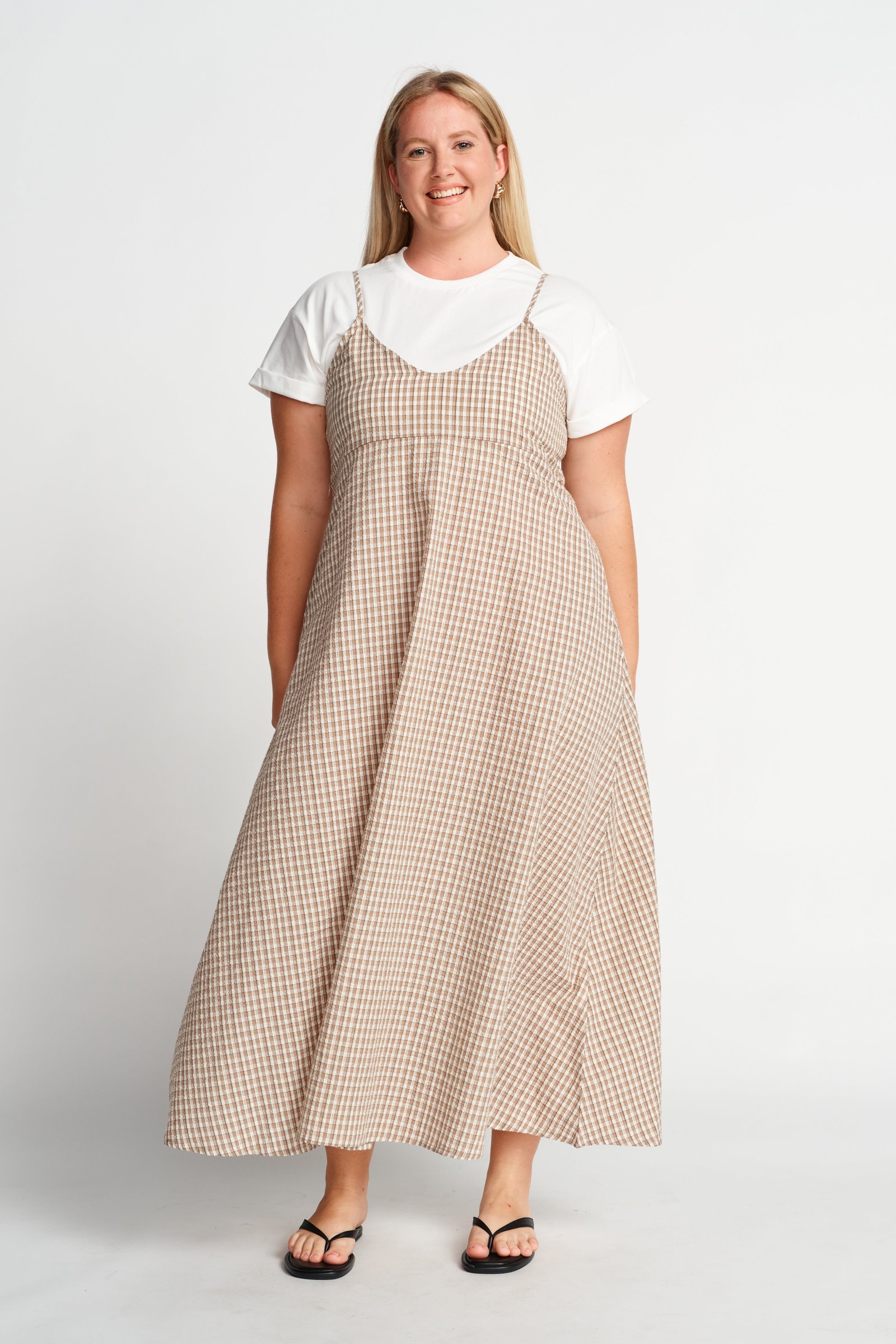 Olivia Layered Two-Piece Babydoll Dress - White / Beige Plaid - Image 4