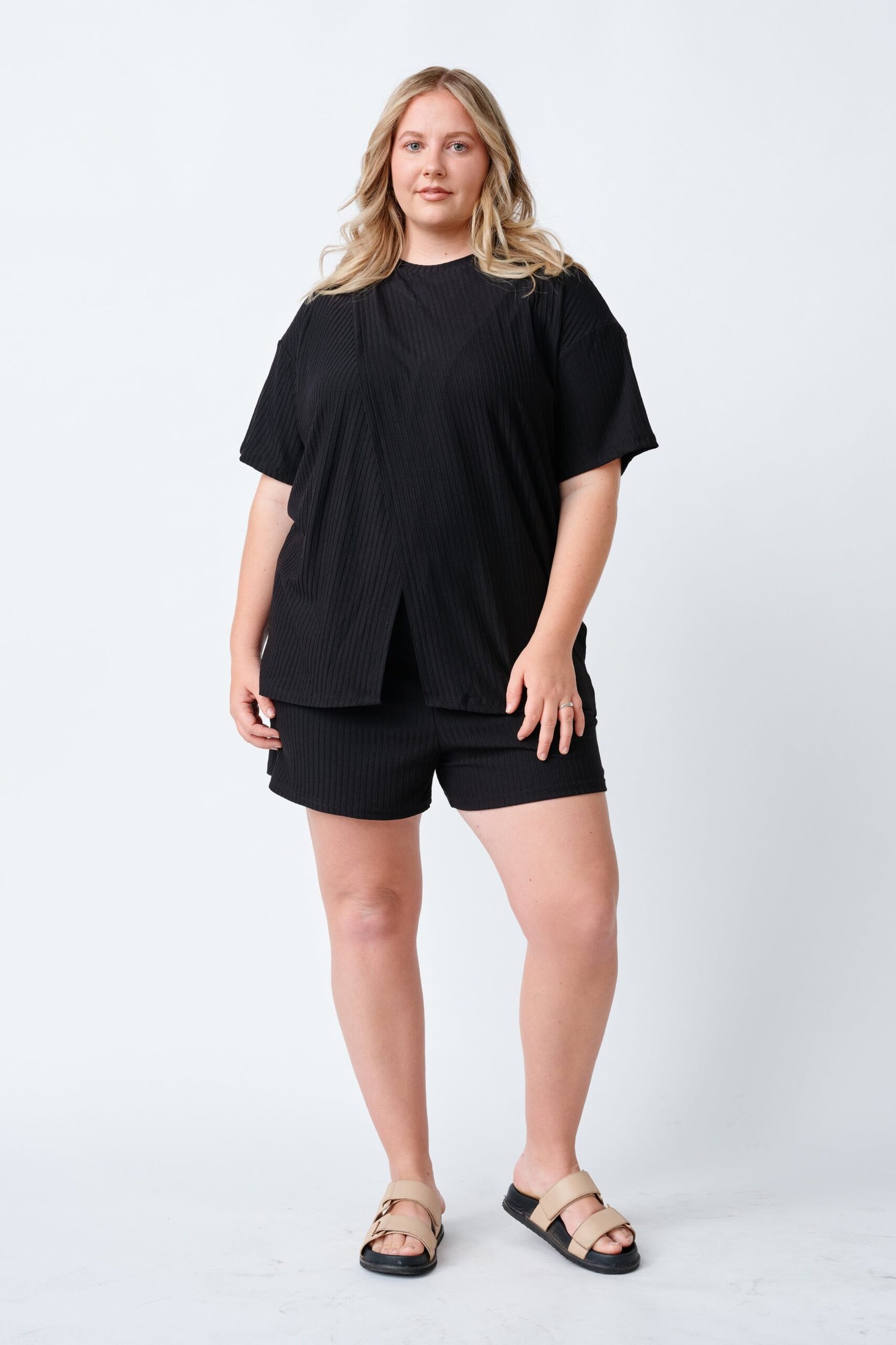 Ivy Ribbed Longline Wrap Tee - Black - Image 5