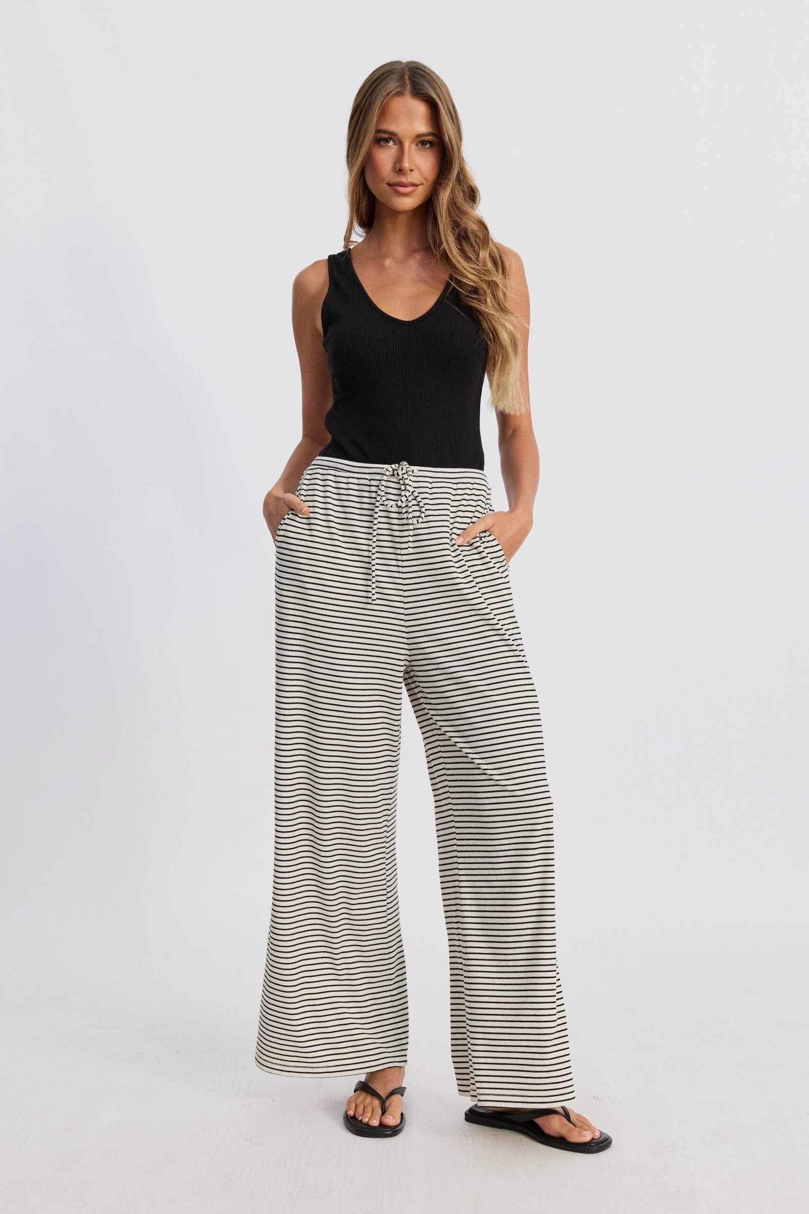 Ivy Stripe Wide Leg Pants - Cream Marle / Black
