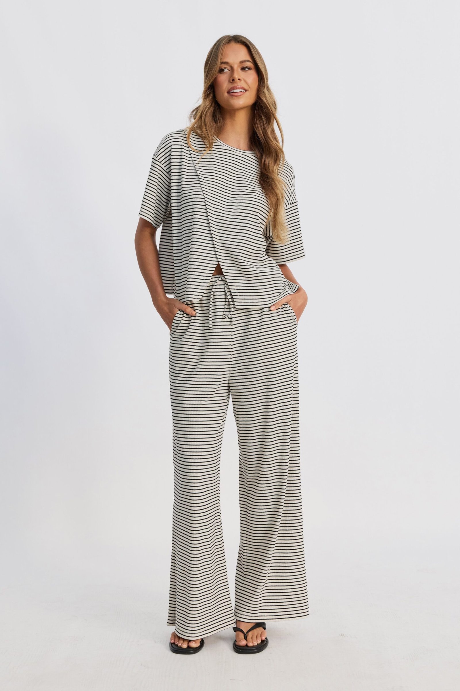 Ivy Stripe Wide Leg Pants - Cream Marle / Black - Image 3