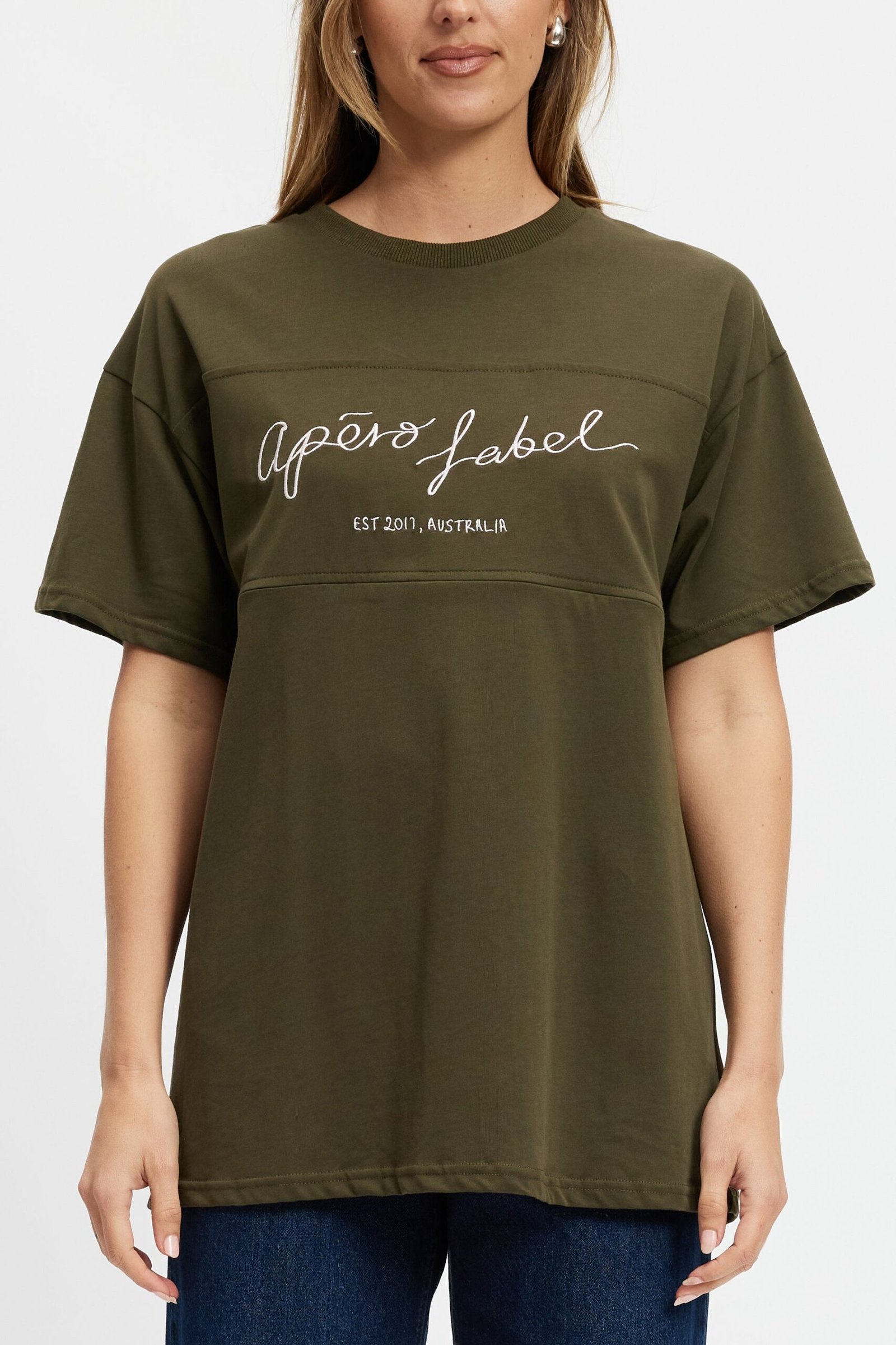 Cali Embroidered Longline Panel Tee - Olive / Pink - Image 3