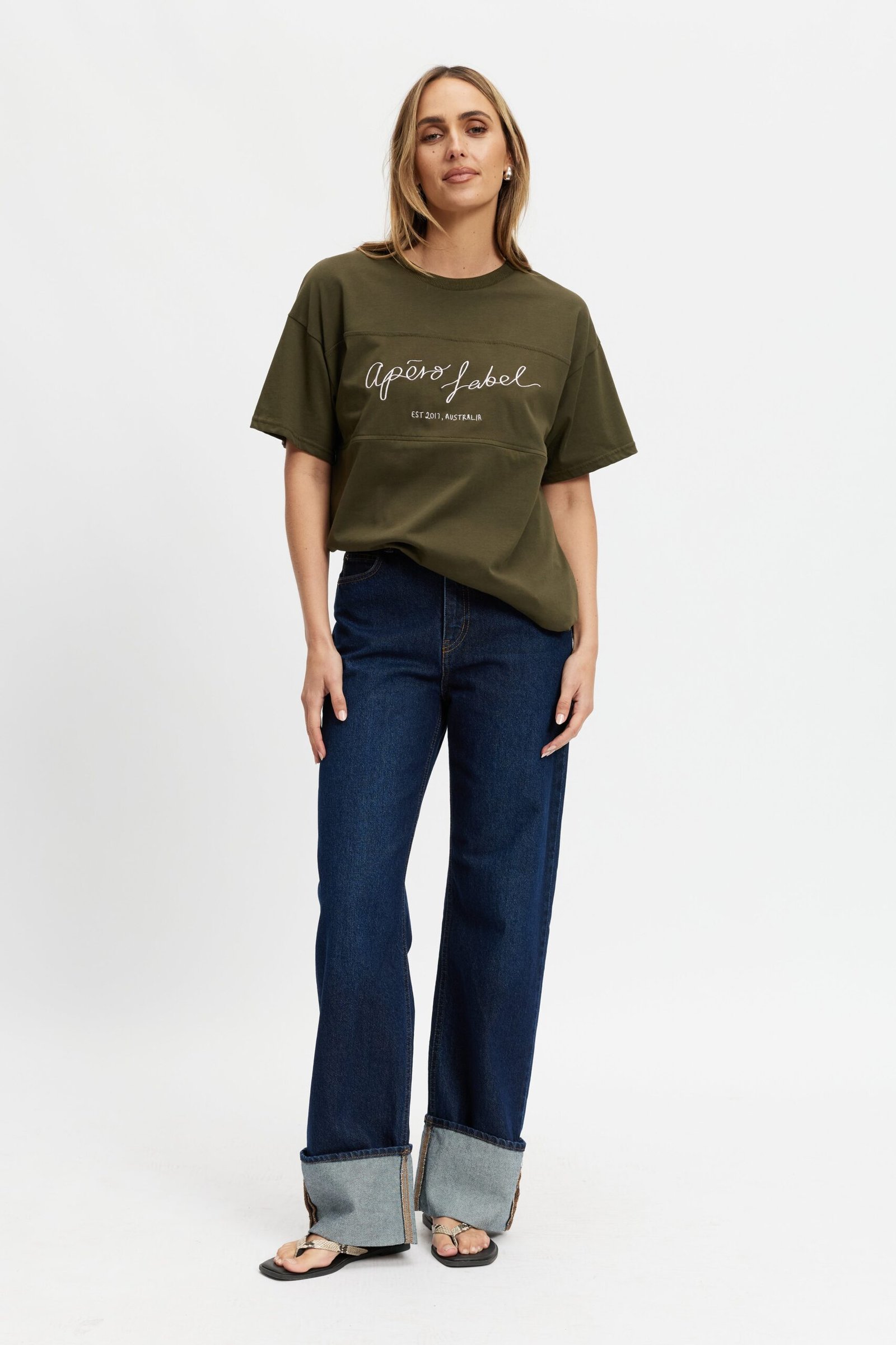 Cali Embroidered Longline Panel Tee - Olive / Pink
