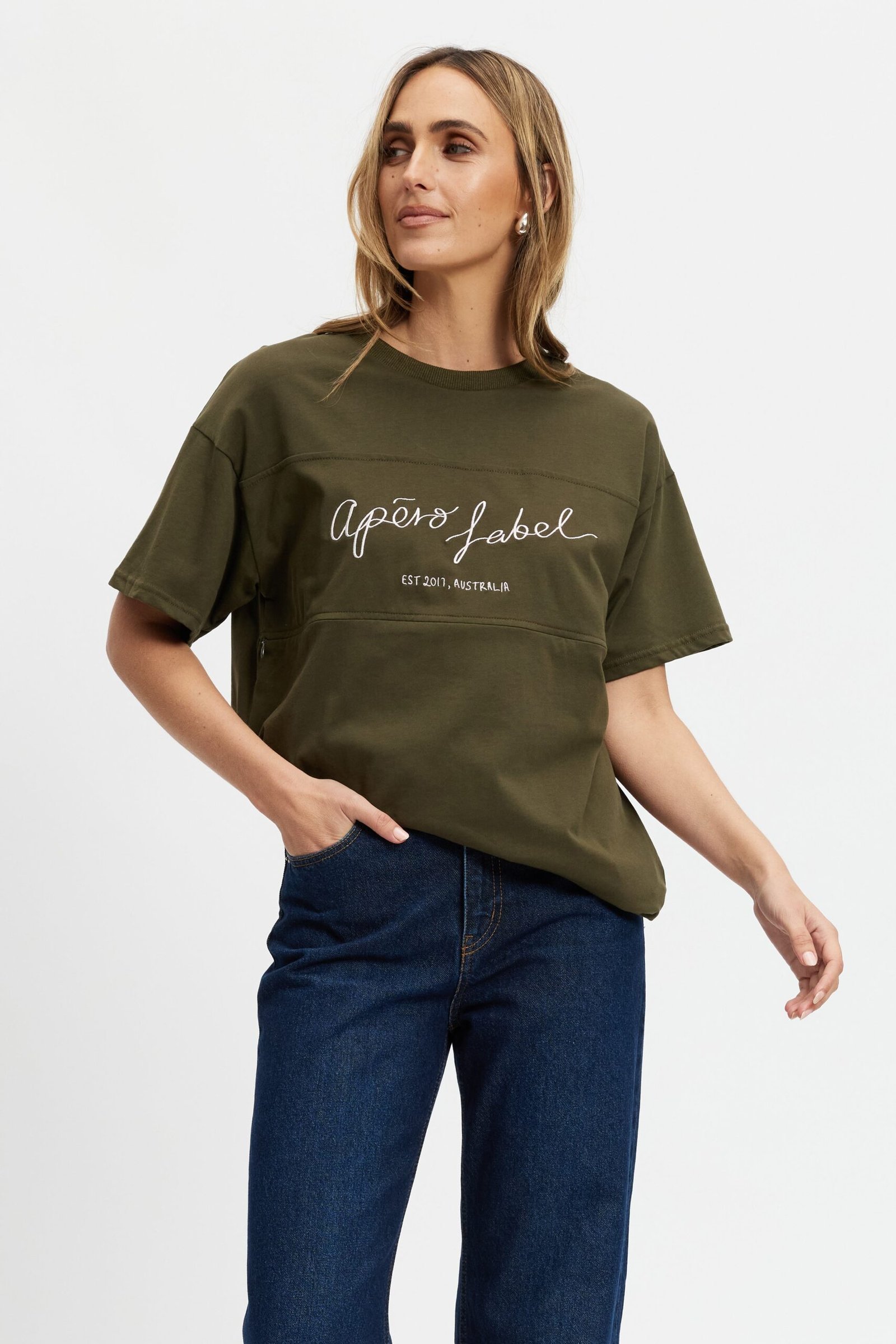 Cali Embroidered Longline Panel Tee - Olive / Pink - Image 6