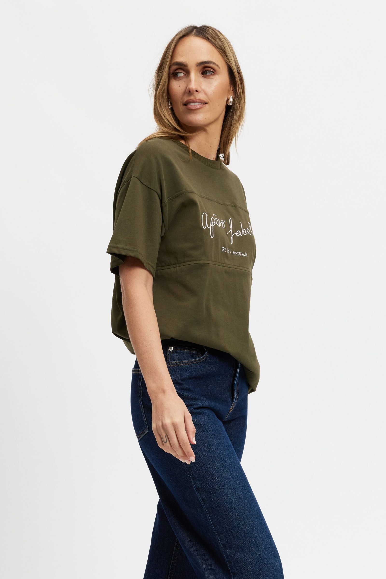 Cali Embroidered Longline Panel Tee - Olive / Pink - Image 4