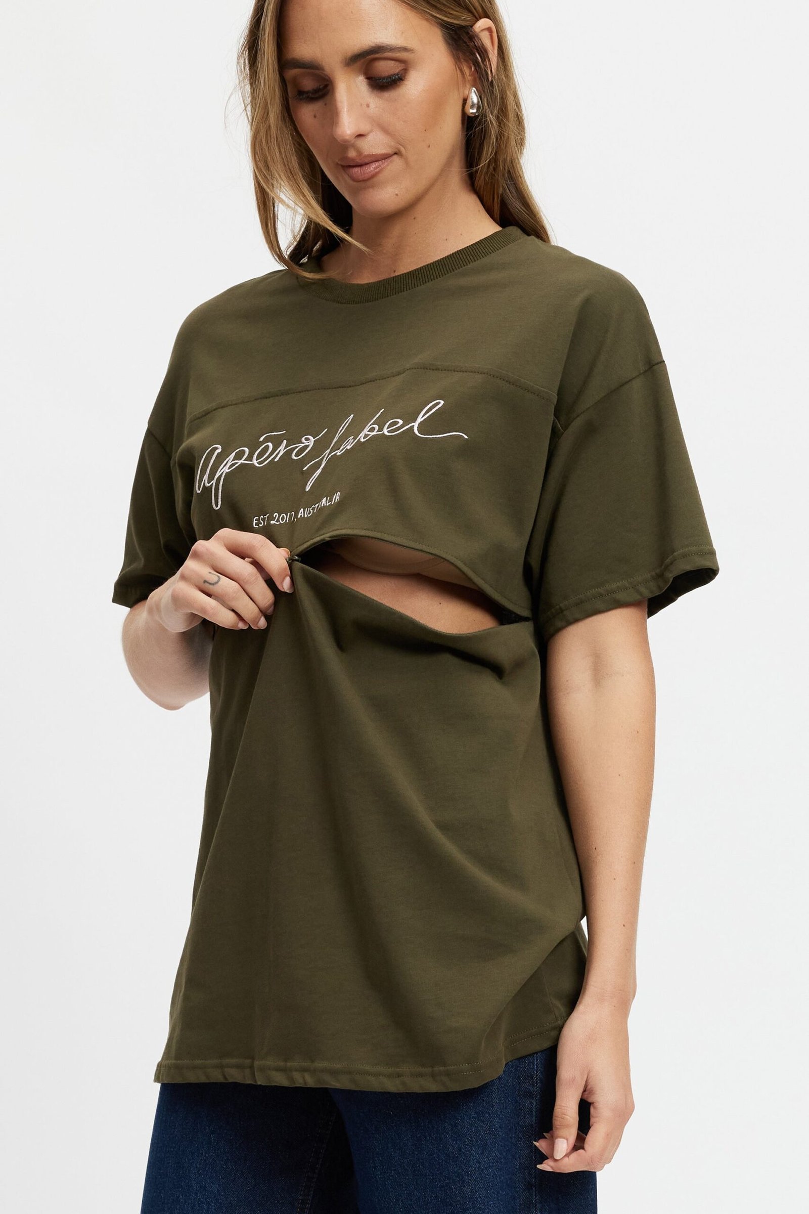 Cali Embroidered Longline Panel Tee - Olive / Pink - Image 2
