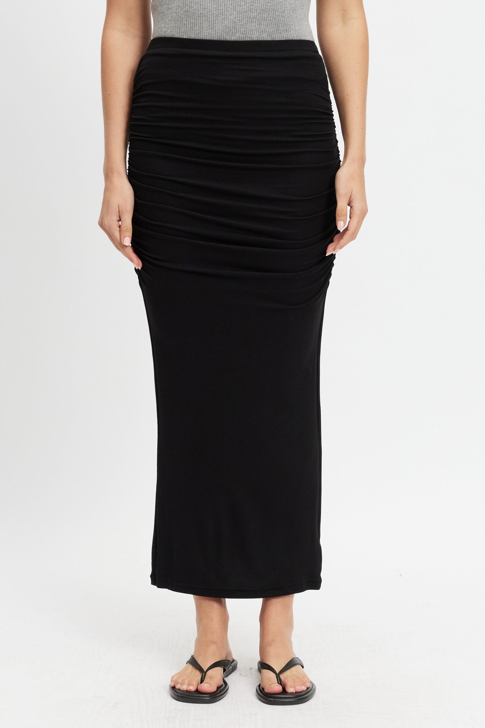 Ari Ruched Rib Midi Skirt - Black - Image 3
