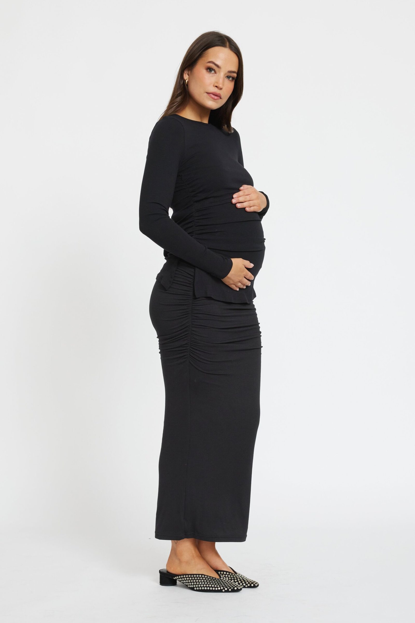 Ari Ruched Rib Midi Skirt - Black - Image 4