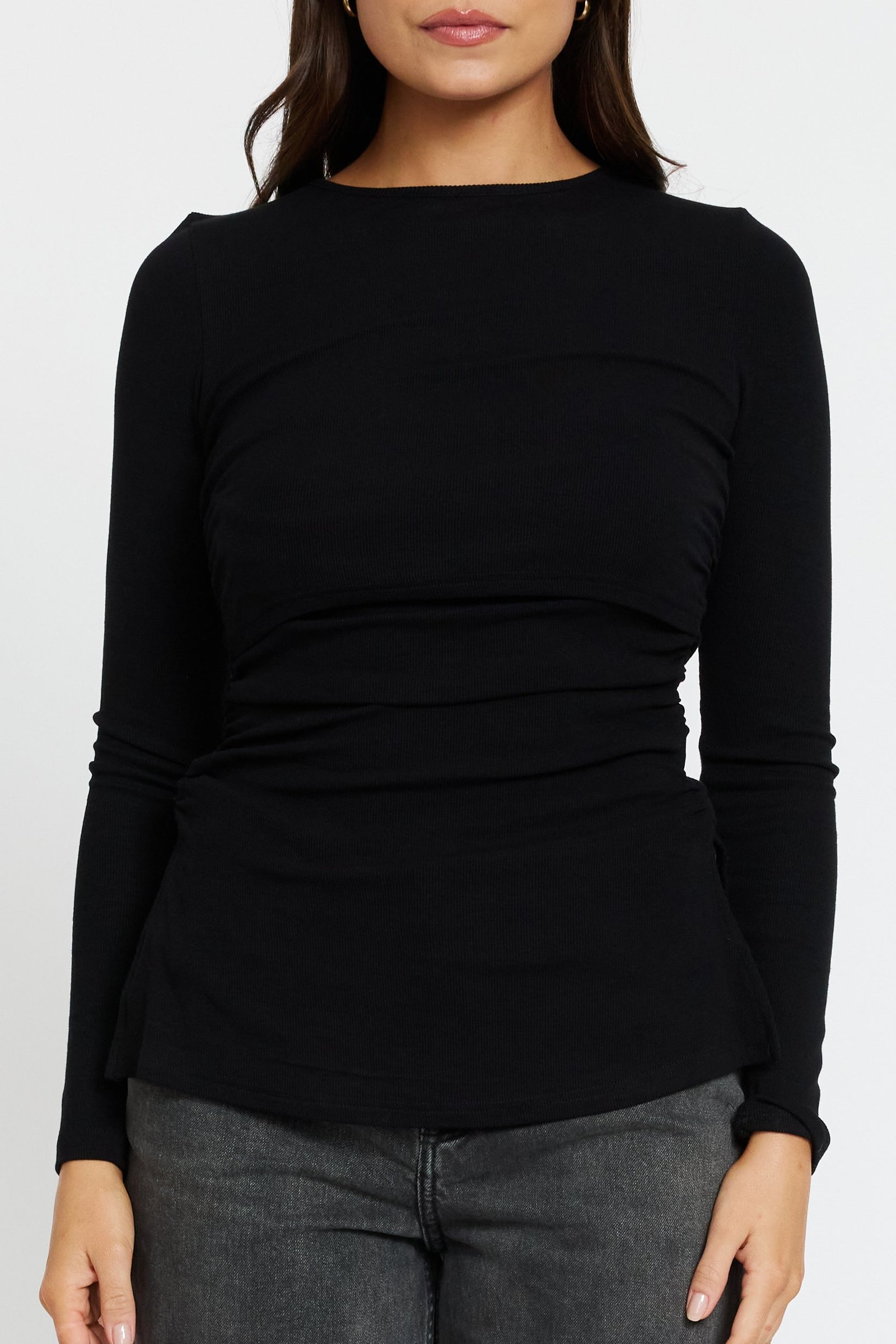 Ari Ribbed Long Sleeve Top - Black - Image 6