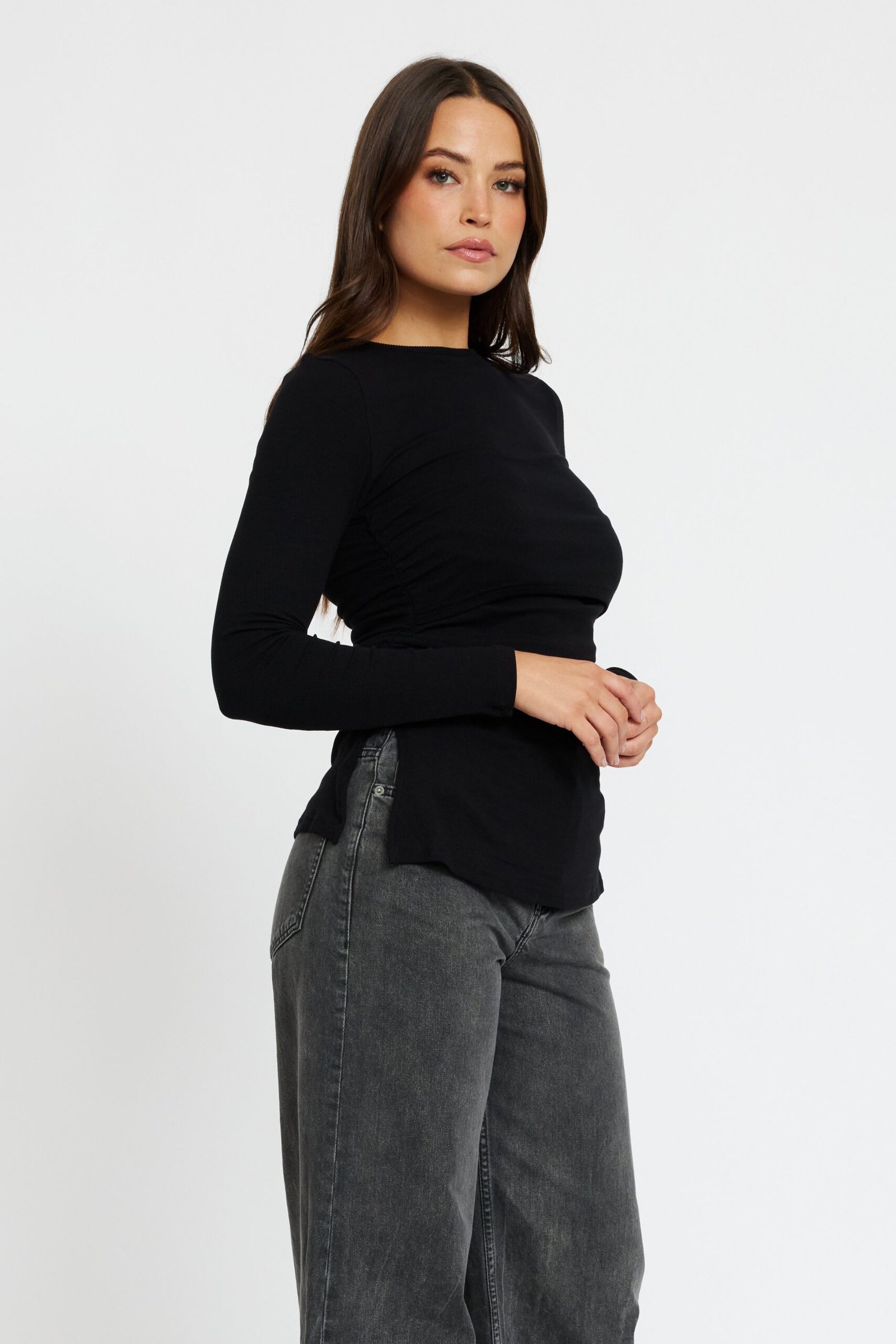 Ari Ribbed Long Sleeve Top - Black - Image 8