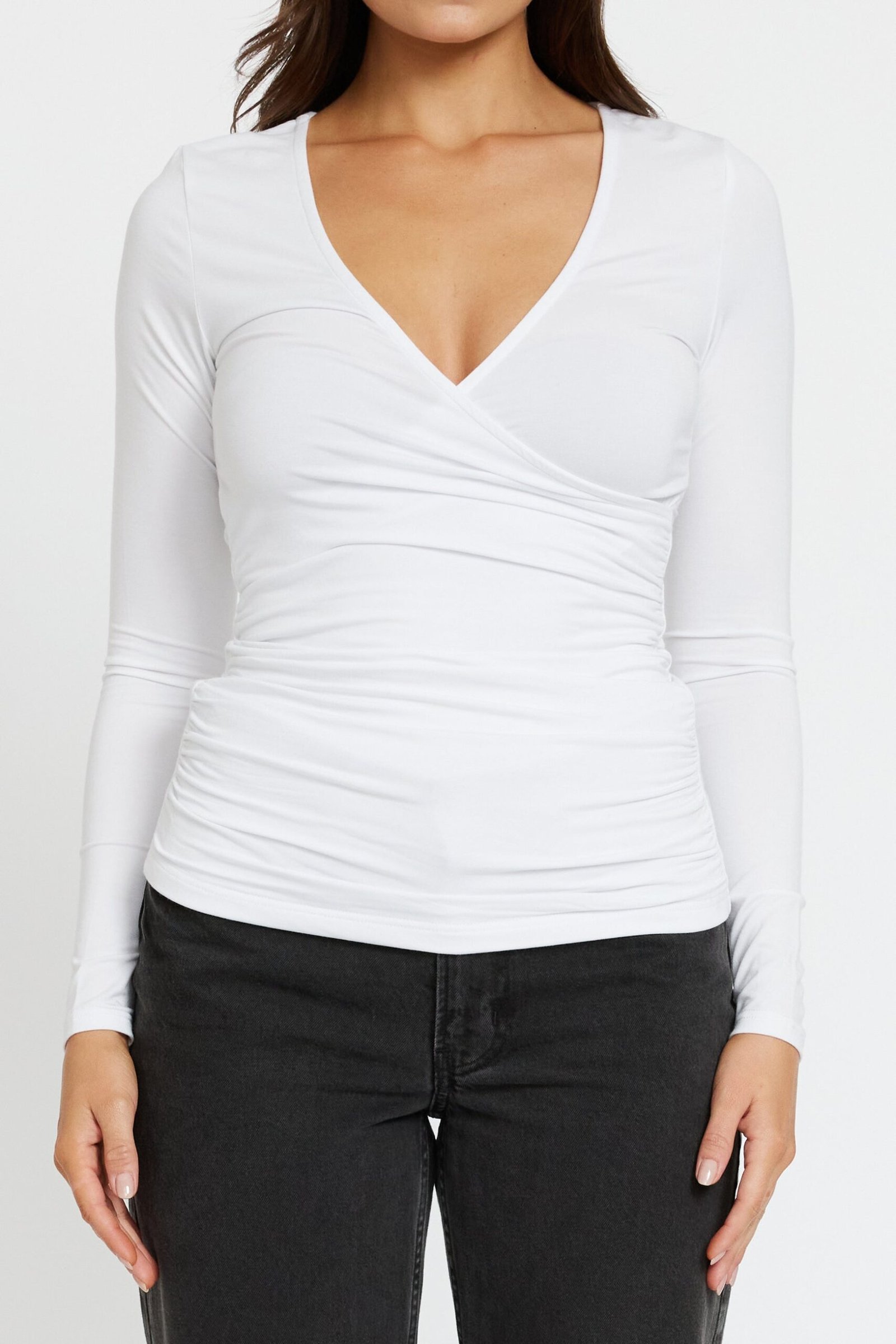 Lainey Crossover Long Sleeve Top - White - Image 3