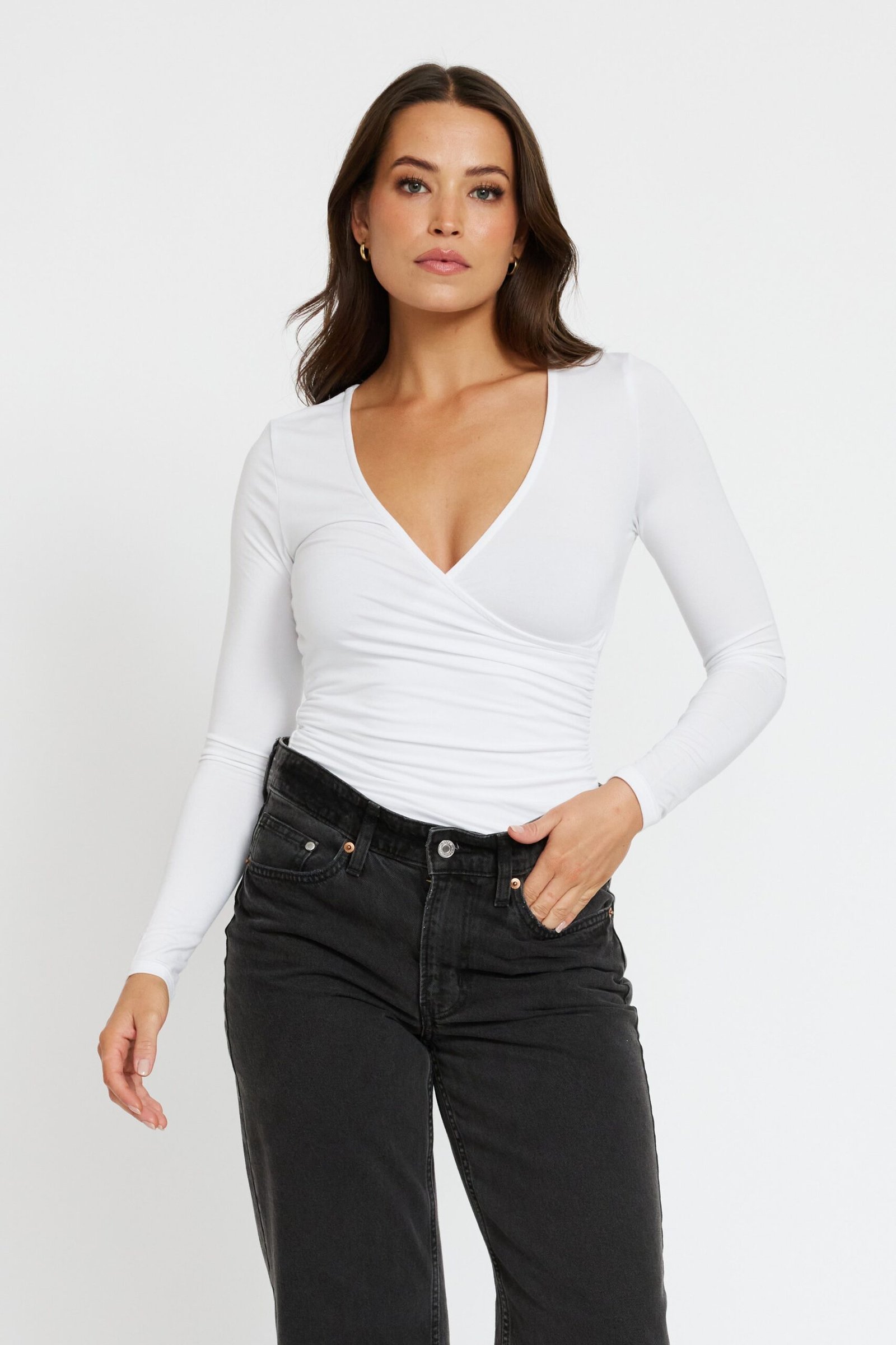 Lainey Crossover Long Sleeve Top - White - Image 6