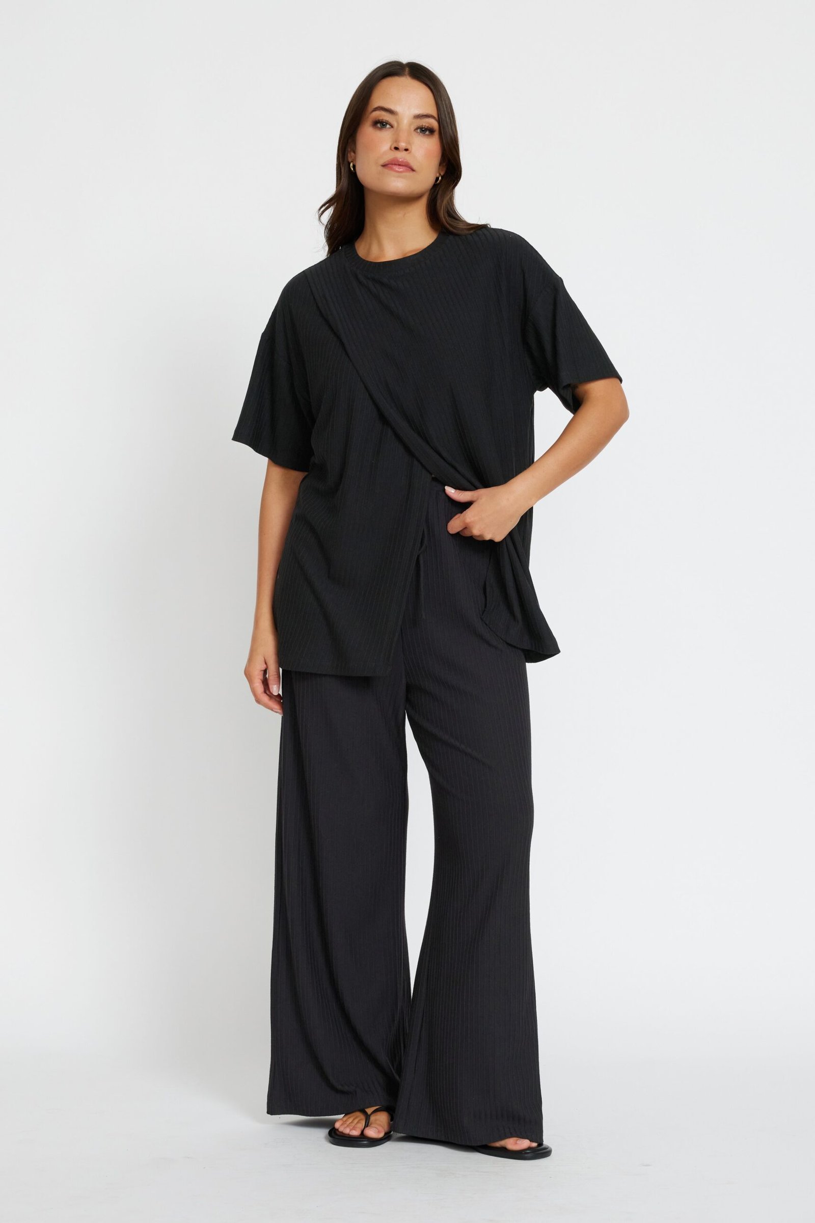 Ivy Ribbed Longline Wrap Tee - Black