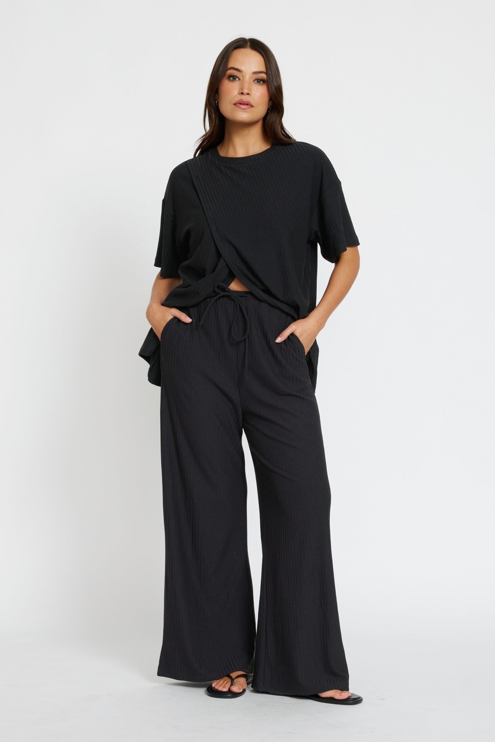 Ivy Ribbed Longline Wrap Tee - Black - Image 12