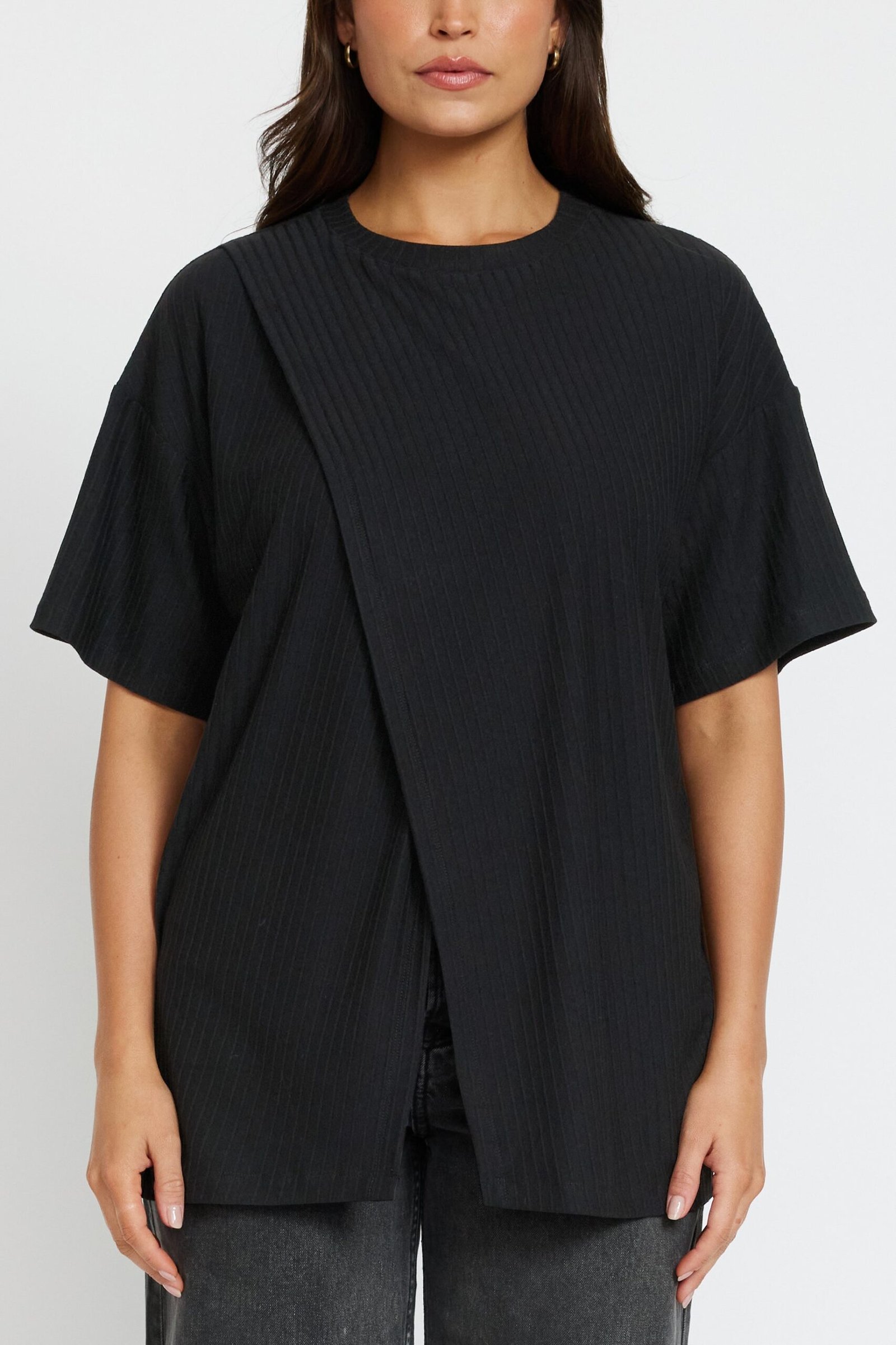 Ivy Ribbed Longline Wrap Tee - Black - Image 6
