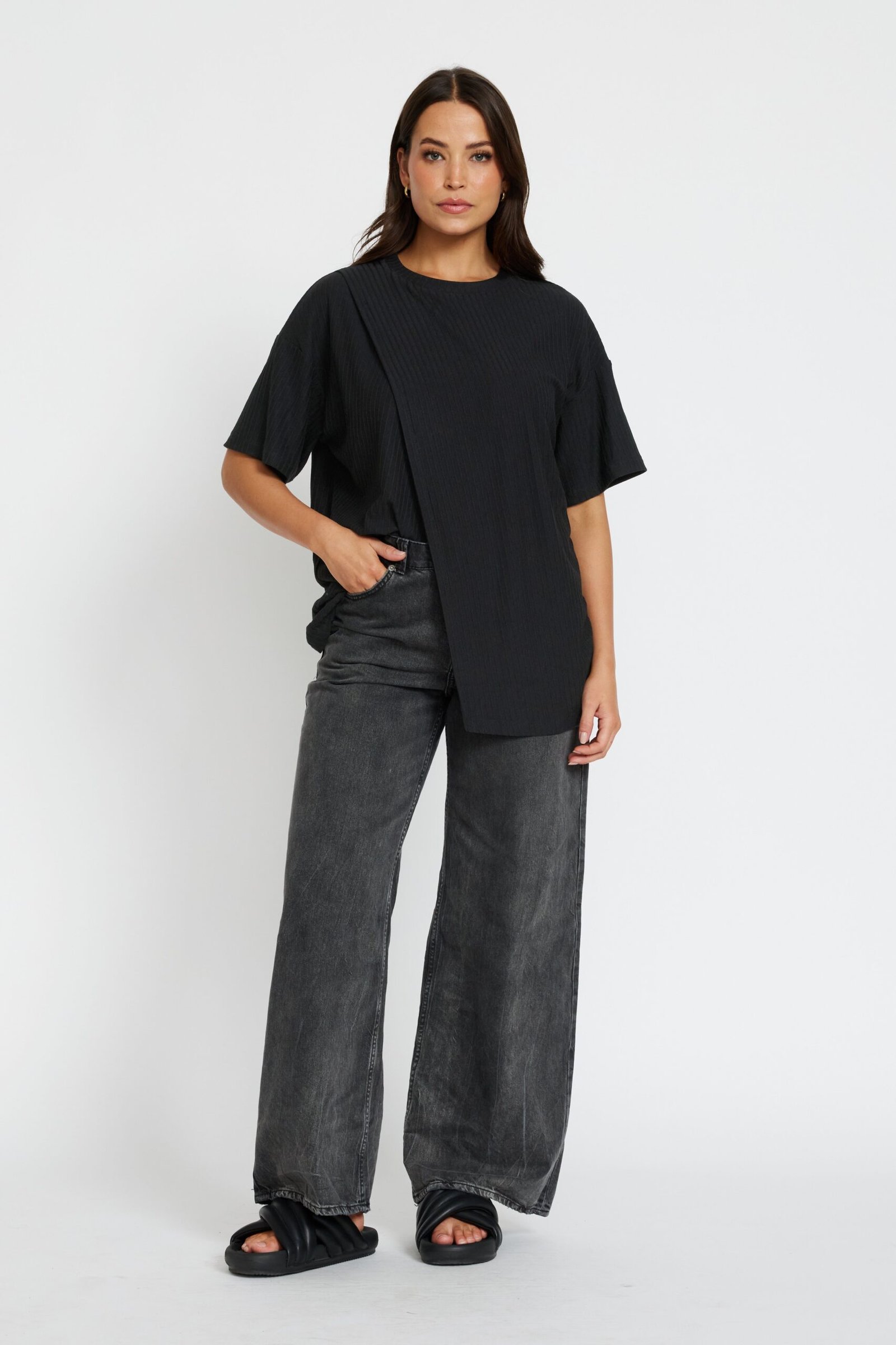 Ivy Ribbed Longline Wrap Tee - Black - Image 7