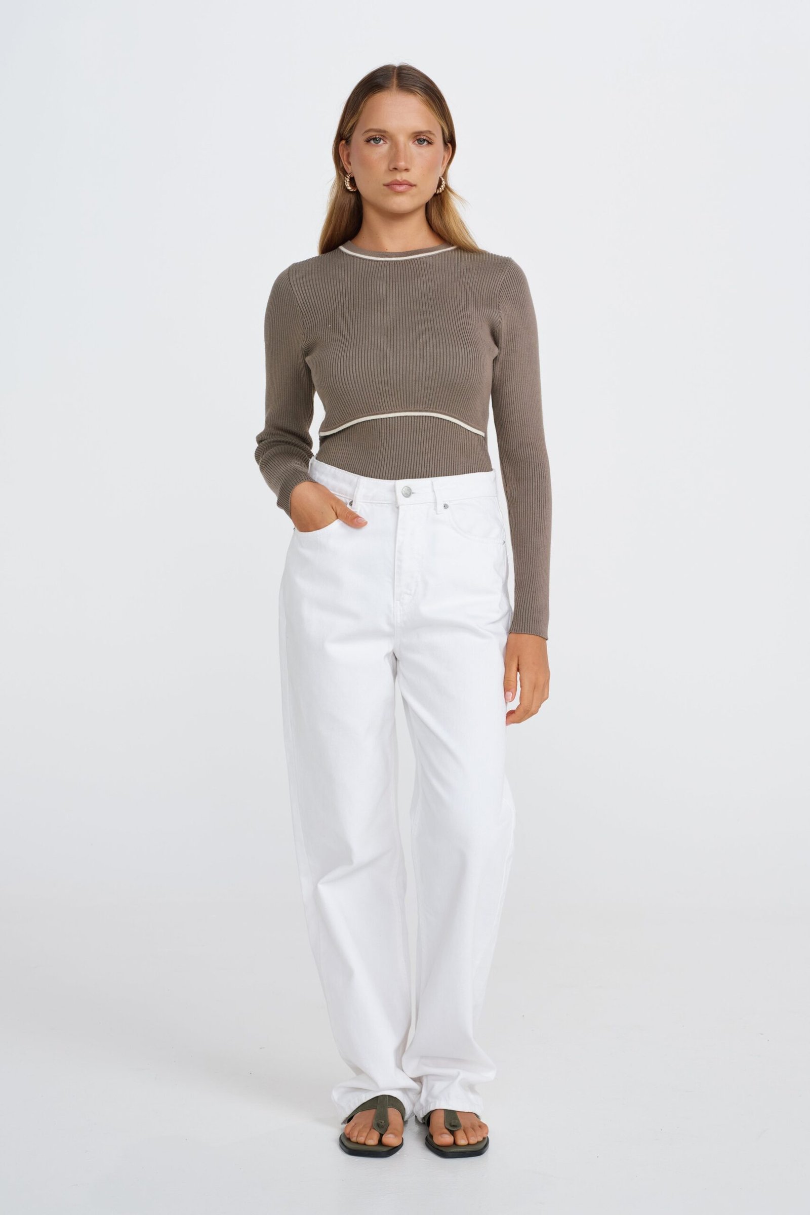 Rowe 2.0 Long Sleeve Knit Top - Khaki / Cream