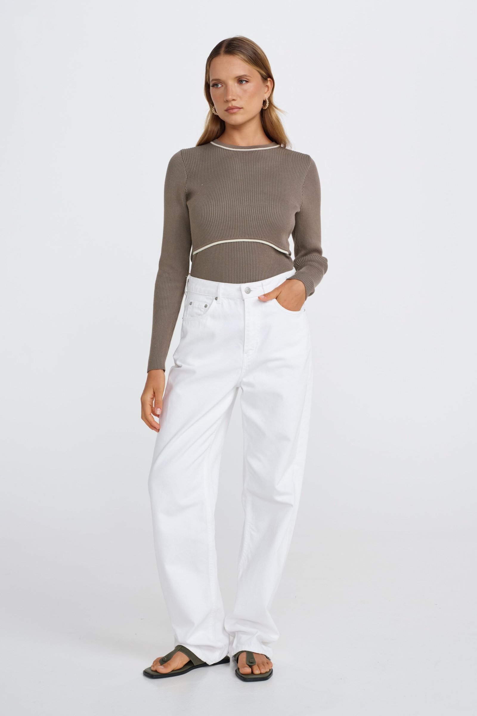 Rowe 2.0 Long Sleeve Knit Top - Khaki / Cream - Image 6