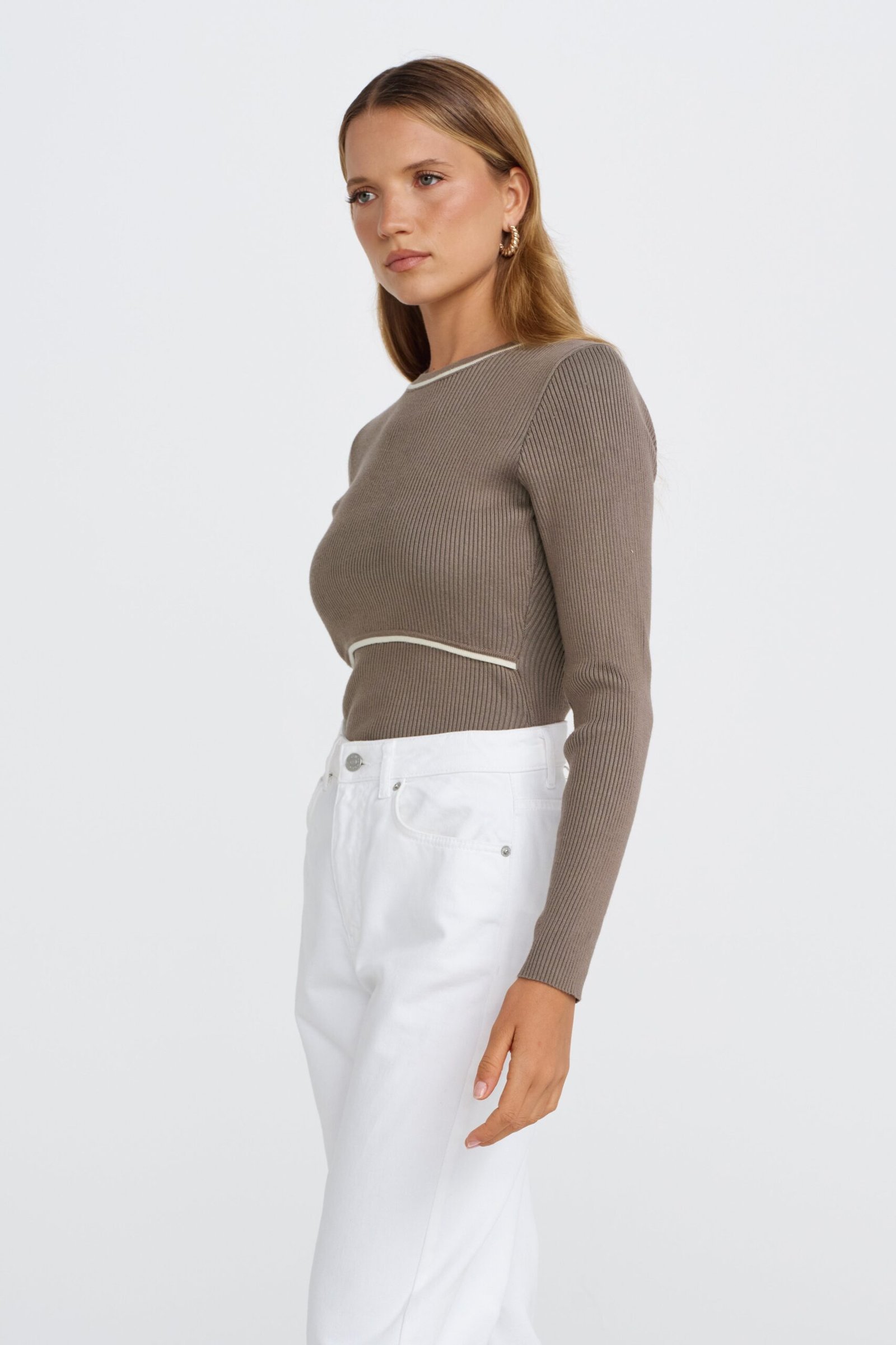 Rowe 2.0 Long Sleeve Knit Top - Khaki / Cream - Image 4