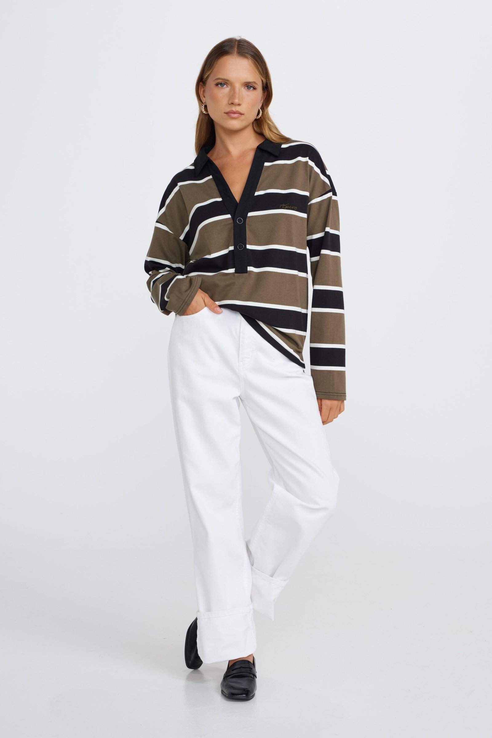 Boston Stripe Jersey Top - Khaki / Black / White