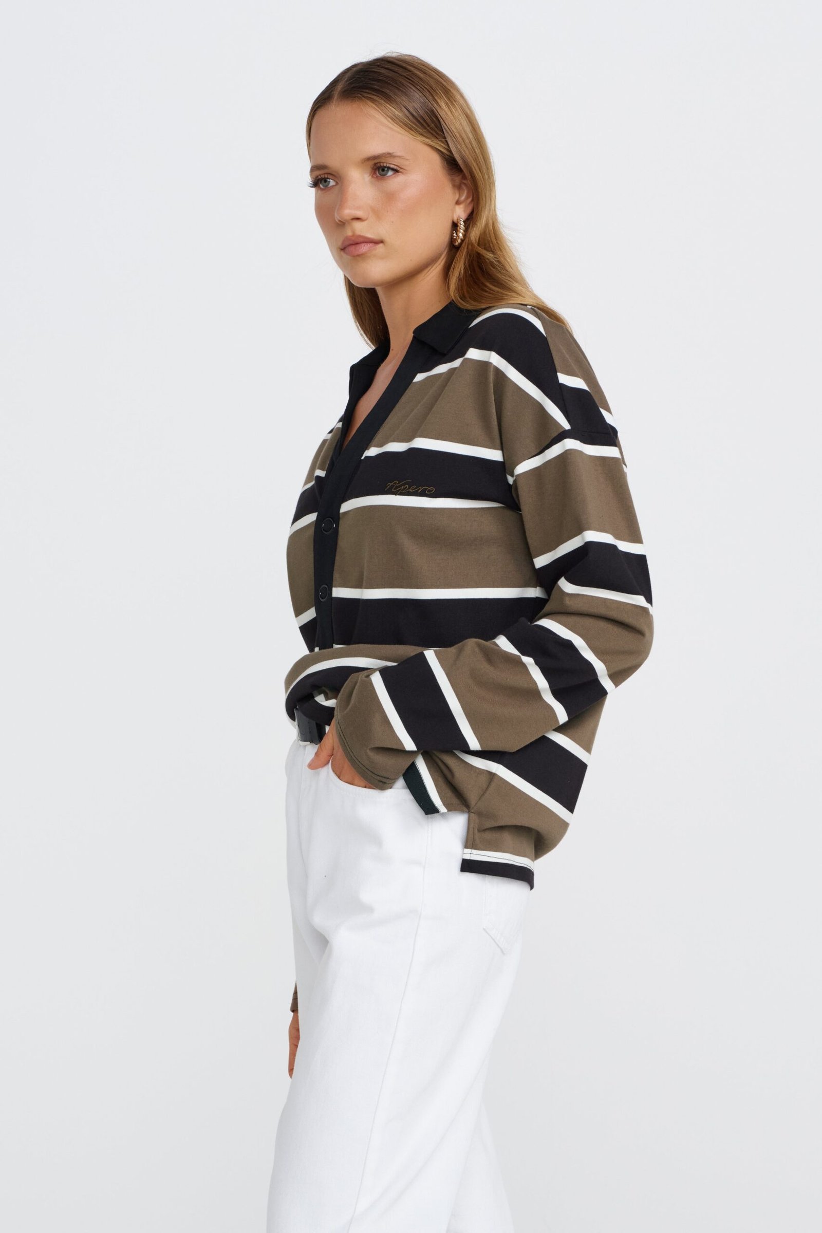 Boston Stripe Jersey Top - Khaki / Black / White - Image 5