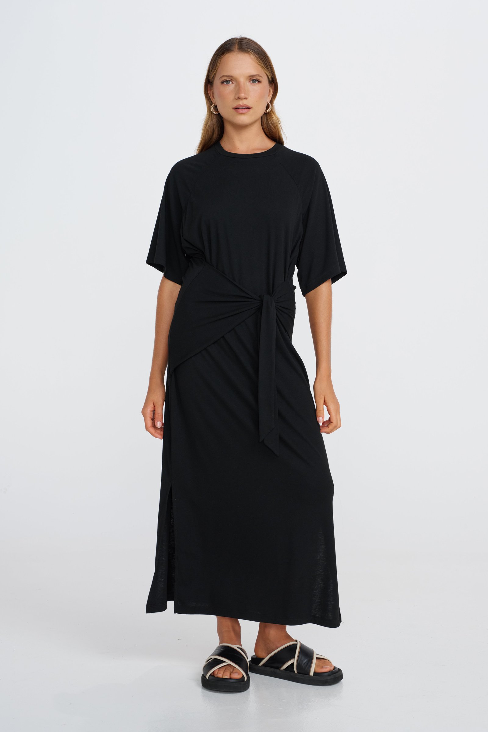 Alia Tie-Detail Box-Cut Tee Dress - Black