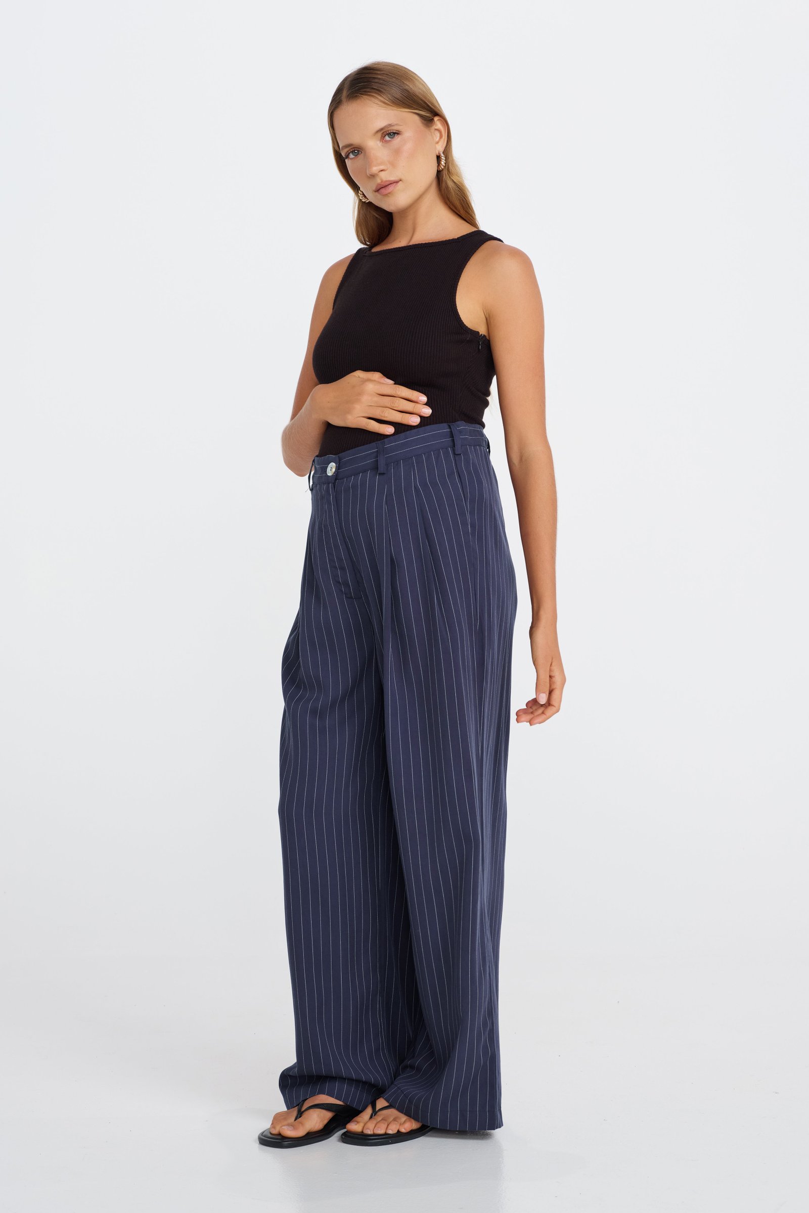Bambi Pinstripe Adjustable Wide Leg Pant - Navy / White